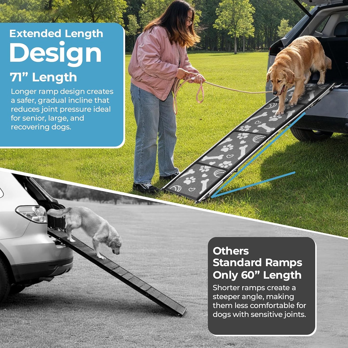 Dog Ramp for Car, SUV & Truck, 71" Long x 20" Wide, Extra Side-Strap Stability System, Non-Slip Quad-Fold Pet Ramp for Large Dogs, 250 lb Capacity (Paw Print Design)