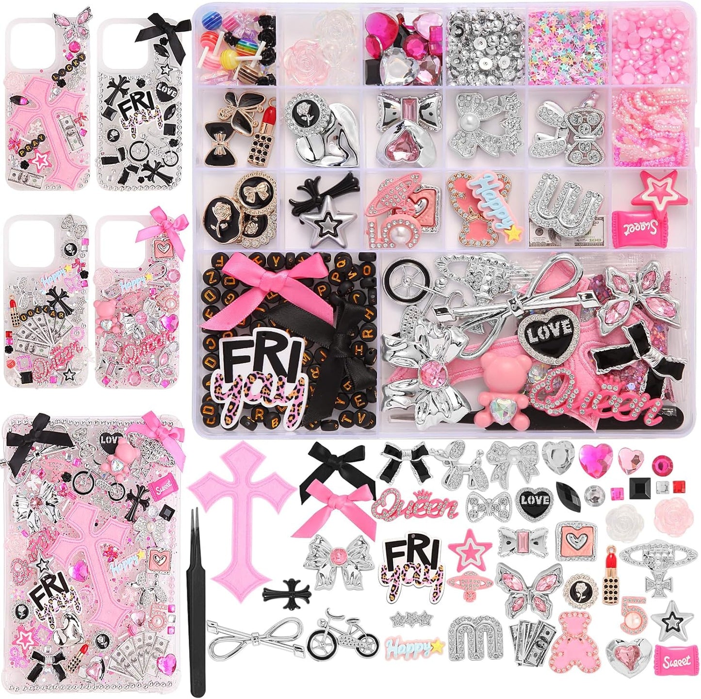 EIiovcnya 2380 Pcs Junk Phone Case Charms Kit, Charms for Customizing DIY Cases, with Nail Accessories, Cute Bow, Star, Candy, Letter Beads, Flatback Aesthetic Big Decor Easter Basket Stuffers Gift