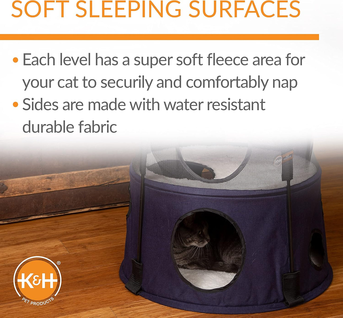 K&H Pet Products Cat Tower Tree Condo for Multiple Large Indoor Cats, Modern Cute Multi-Level Hammock Bed, Kitten & Adult House Activity Cave Large Cozy Hideaway - 3 Level Denim 22 X 30in