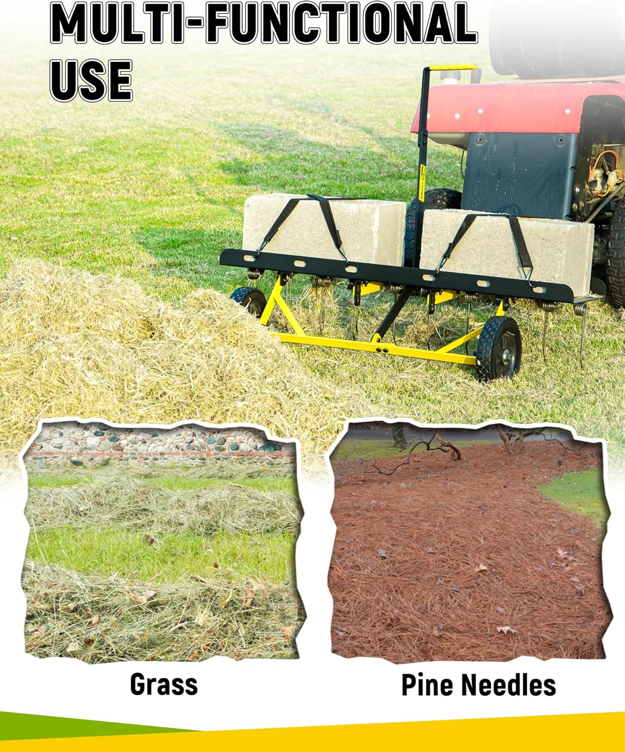 48 Inch Tow Behind Dethatcher, Pull Behind Lawn Dethatcher with 24 Spring Steel Tines, Grass Dethatcher, Removes Thatch, Riding Lawn Tractor for Large Lawns, Yard and Garden Care