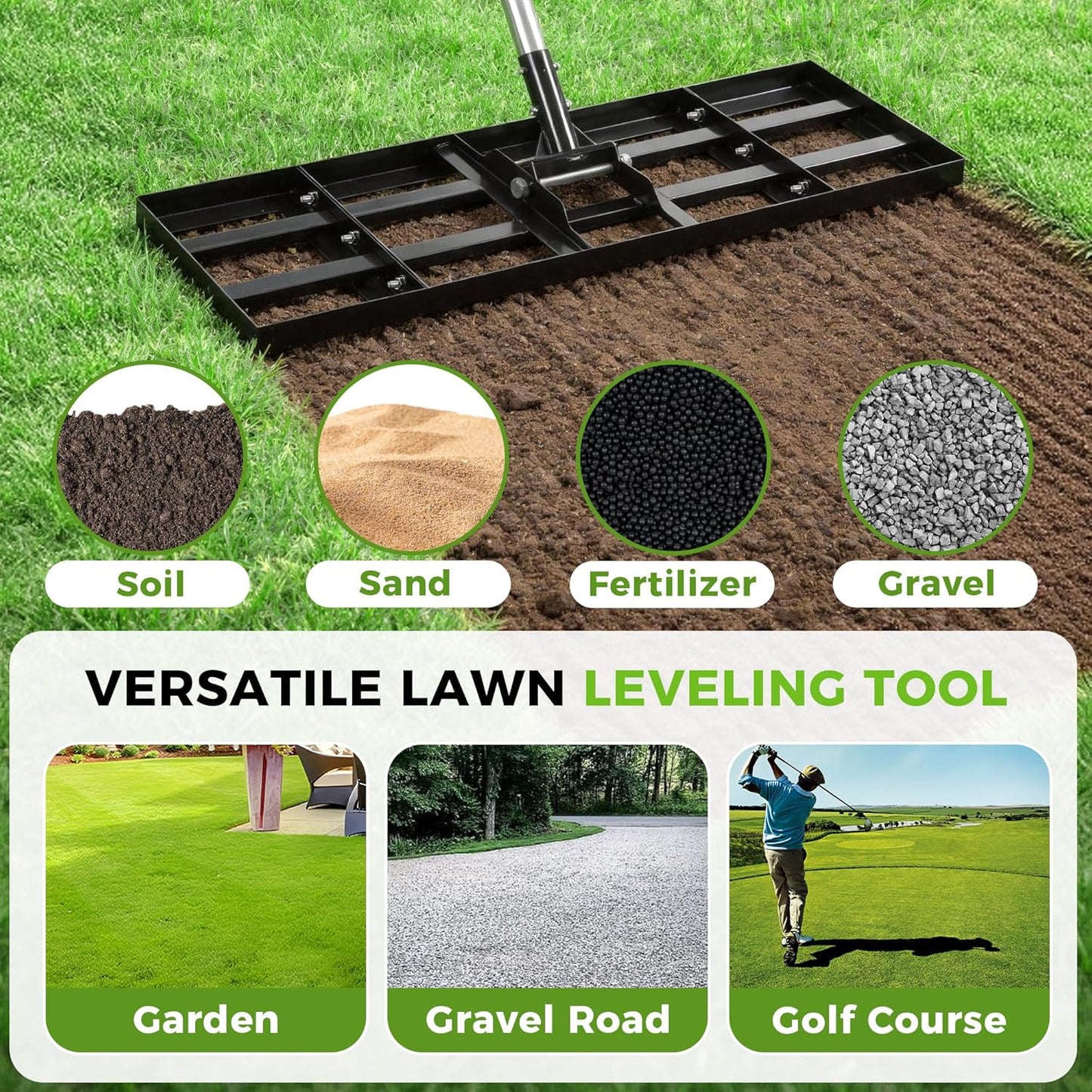 Lawn Leveling Rake, 30"x10" Stainless Steel Lawn Leveler with 76" Adjustable Handle, Heavy-Duty Yard Leveling Rake for Garden, Golf Course, Farm, Pasture, Professional Lawn Care Tool