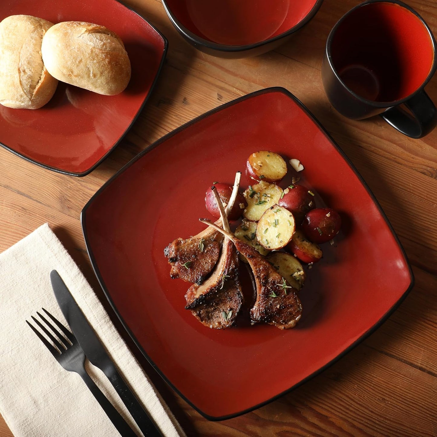 Gibson Elite Soho Lounge Square 16-Piece Dinnerware Set, Service for 4, Reactive Glaze Stoneware Plates and Bowls, Modern Dishes, Microwave & Dishwasher Safe – Red and Black