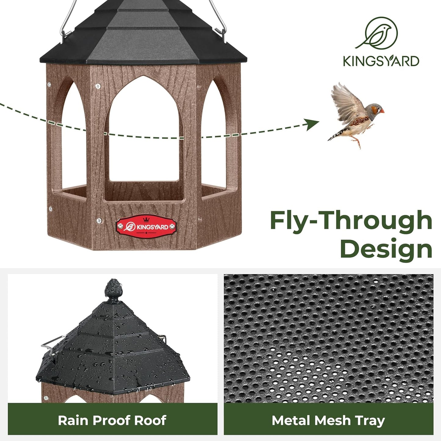 Kingsyard Platform Bird Feeder for Outdoor Hanging - Gazebo Style Recycled Plastic Wild Bird Feeding Station with Rain-Proof Roof & Metal Mesh Tray. Brown