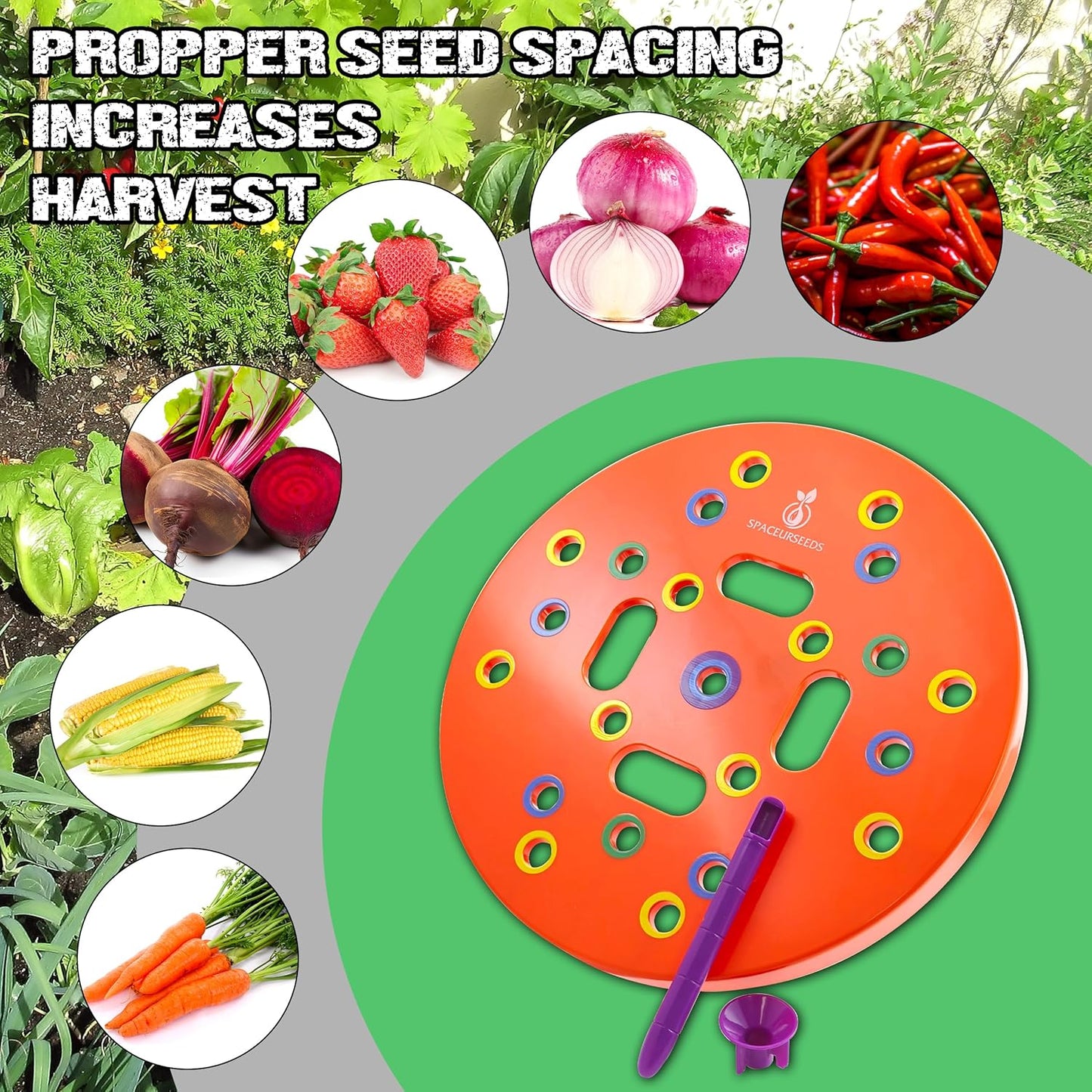 Round Seed Planting Template – Patented Color-Coded Garden Spacing Tool Kit with Seed & Seedling Spacer, Dibber with Seed Spoon & Laminated Vegetable Growing Guide
