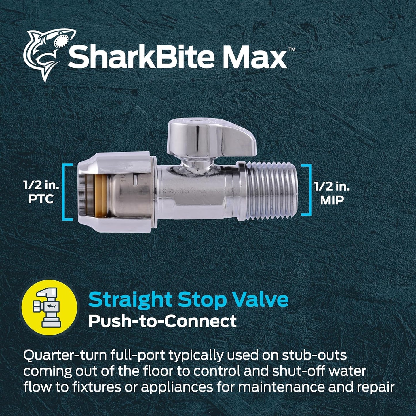 SharkBite Max 1/2 x 1/2 Inch MIP Straight Stop Valve, Quarter Turn, Push to Connect Brass Plumbing Fitting, PEX Pipe, Copper, CPVC, PE-RT, HDPE, UR24947