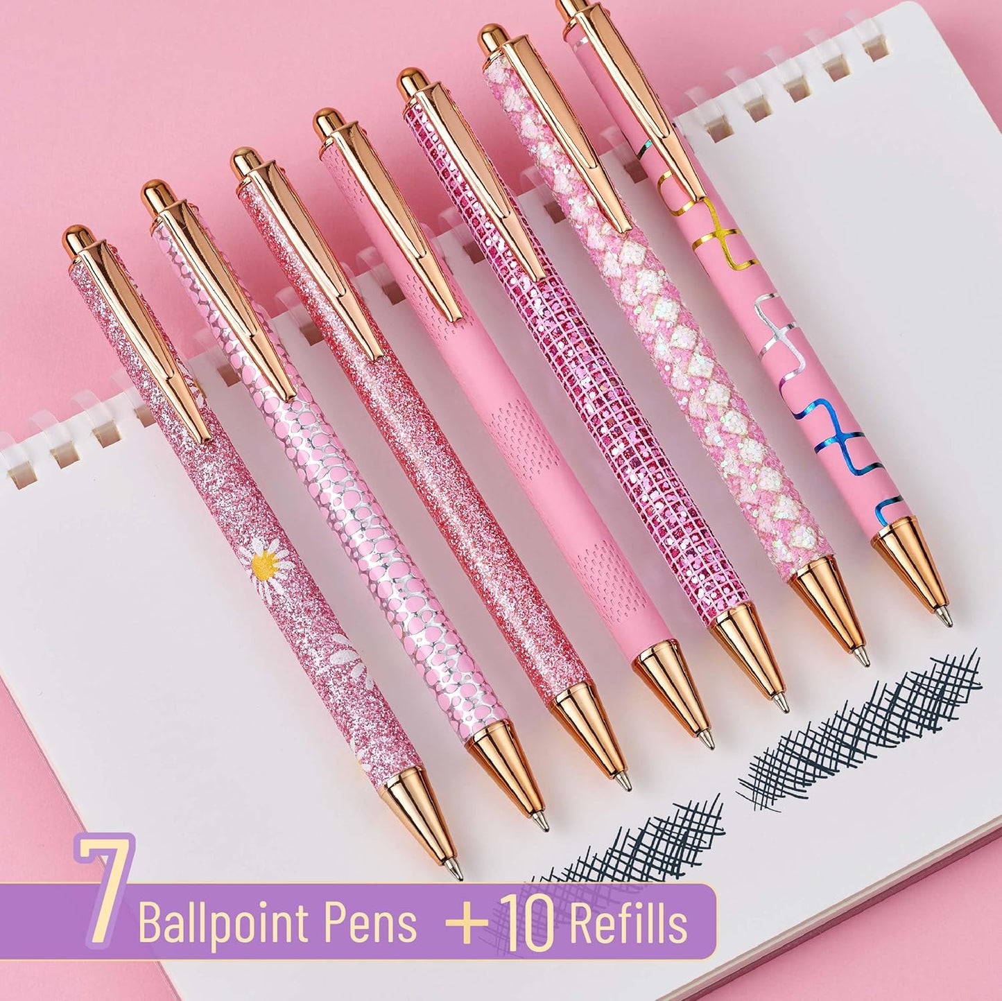 Mr. Pen- Fancy Pens for Women, Pink Paradise, 7 Black Ink Ballpoint Pens with 10 Refills, 1.0mm, Cute Pens for Journaling, Mother's Day
