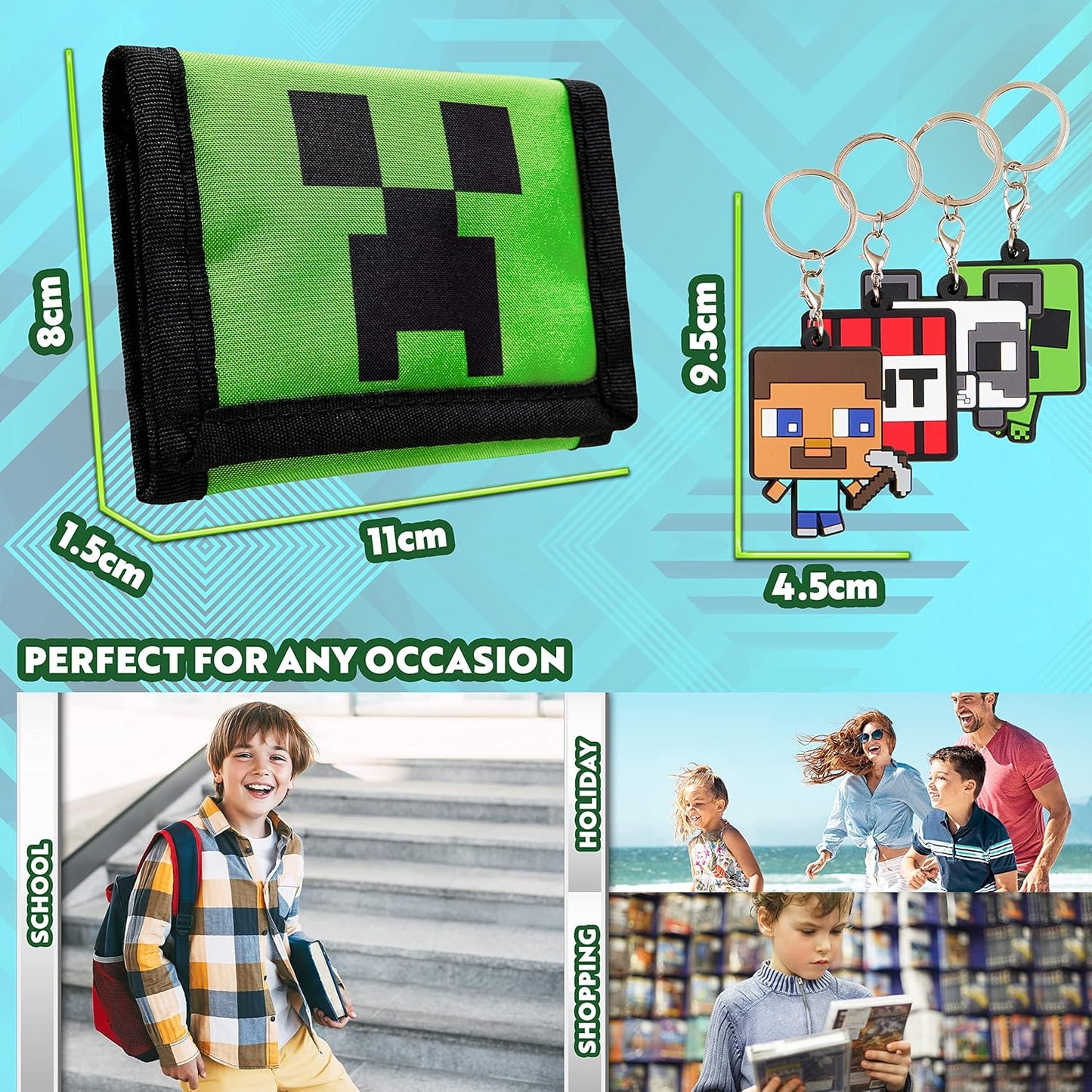 Minecraft Kids Wallets for Boys with Card Slots & Zip Coin Pocket & Keyrings, Official Merchandise Gifts for Kids
