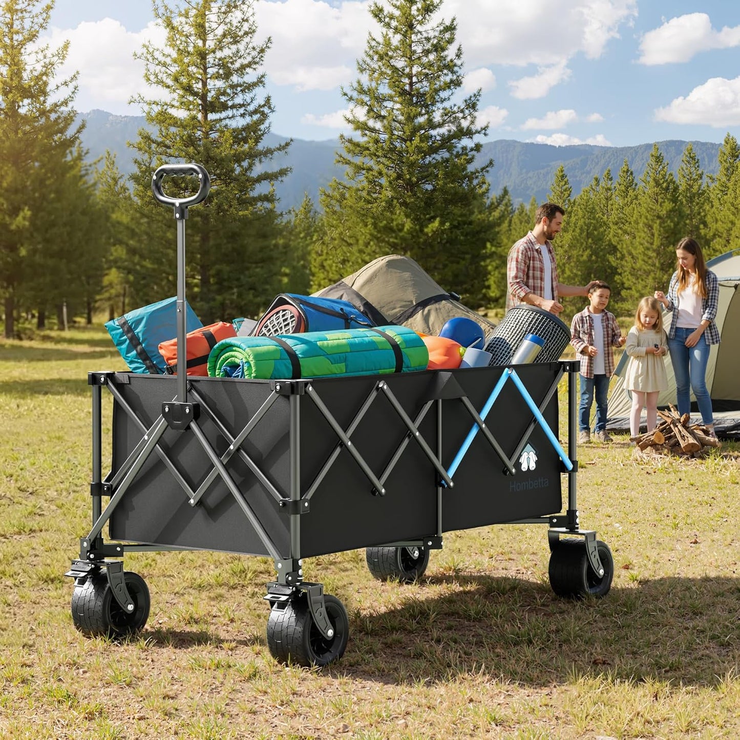 Homebetta XL Collapsible Wagon Cart，48" Heavy Duty Collapsible Utility Wagon with All-Terrain Big Wheels, 560LBS Folding Wagon for Garden, Moving,Glamping, Beach, Gift