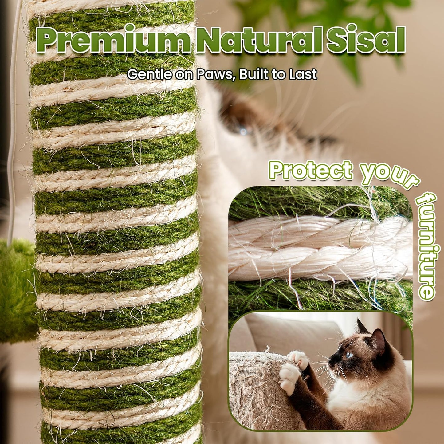 Cat Scratching Post 39'' Tall with Interactive Ball & Mouse Hole for Indoor Adult Cats, Sisal Rope Cat Tree Tower, Kitty Scratcher Furniture with Artificial Grass Tree for Kittens Cat Toys