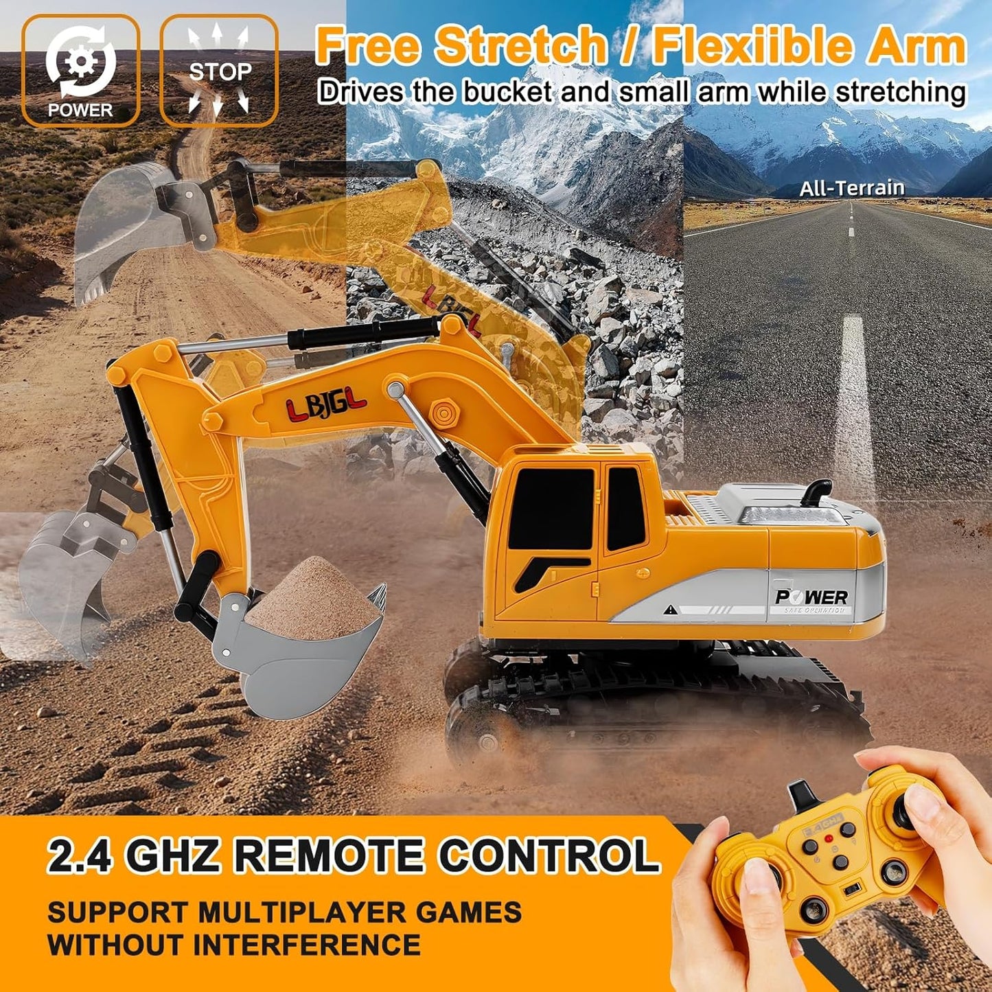 Remote Control Excavator Toy for Boys Kids, 1:24 RC Construction Vehicles with Metal Shovel, Realistic Lights & Sounds, Best Christmas | Birthday Gift for Boys & Girls 3-5 4-7 8-12 12+ Year Old Kids