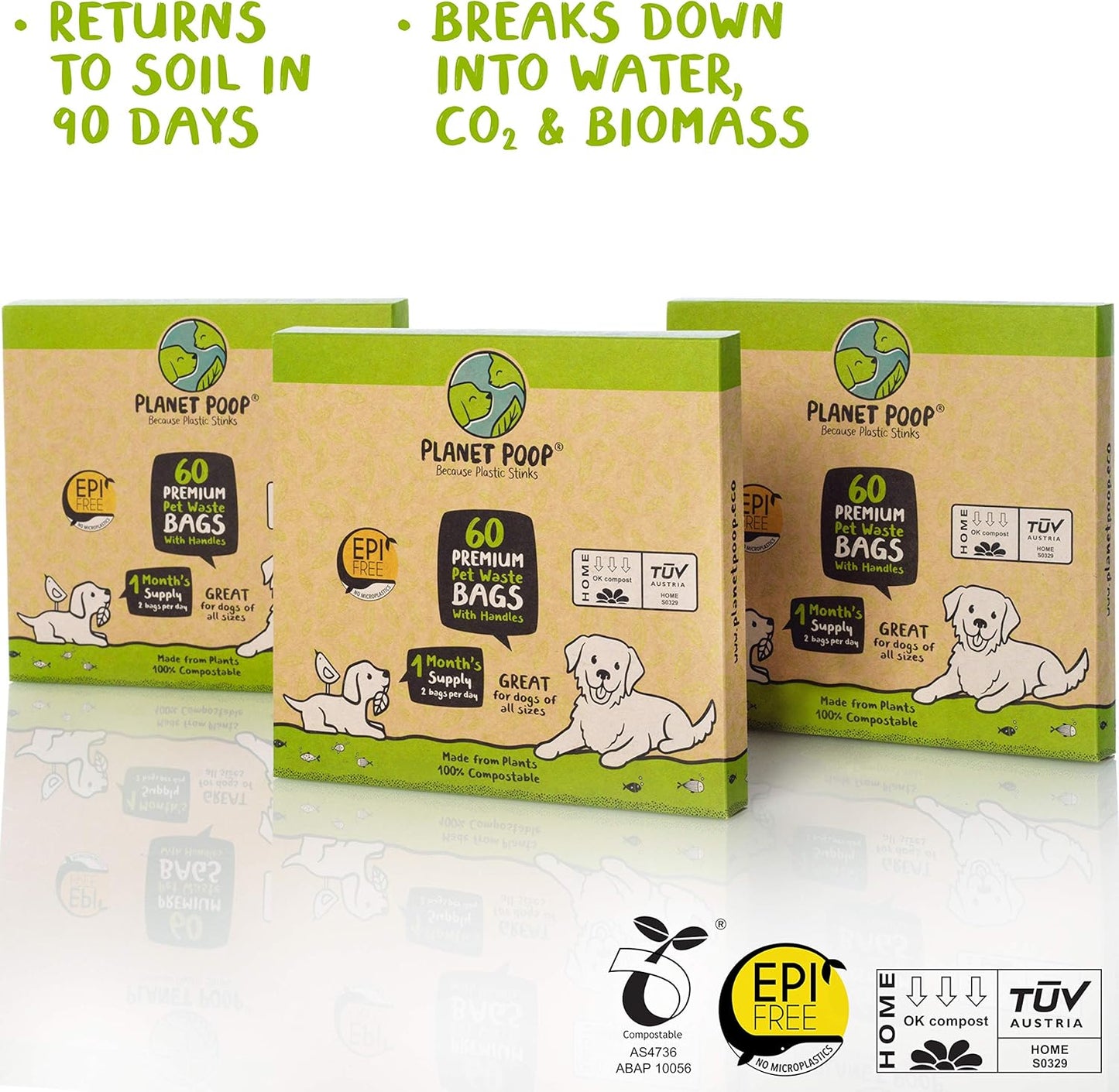 PLANET POOP Home Compostable Dog Poop Bags with Handles, Standard Size 180 Count, Un-Scented Dog Waste Bag, Thick Leakproof Doggy Cat Bag, Plant-Based Green Pet Supplies