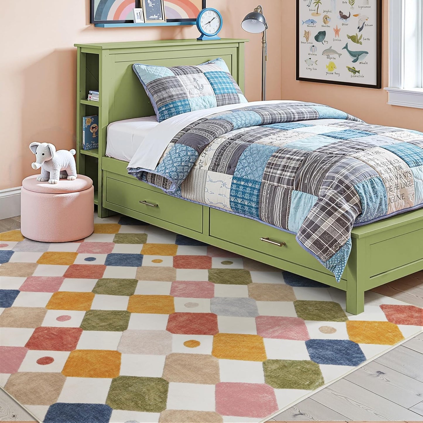 jinchan Macy 5x7 Area Rug for Kids Room Modern Colorful Checkered Diamond Nursery Rug Indoor Washable Soft Non Slip Carpet for Playroom Classroom Bedroom Dorm Daycare Living Room Circus on Cream