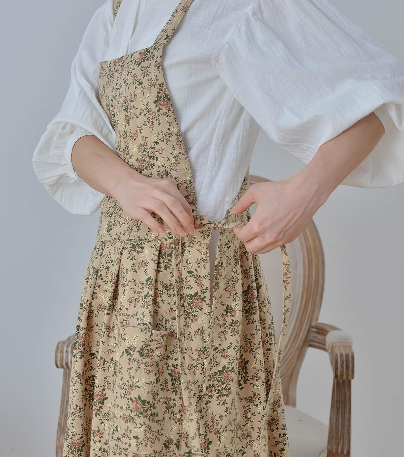 Japanese Cotton Linen Cross Back Apron with Pockets,Fashion Pinafore Dress for Gardening Painting Cleaning Cooking