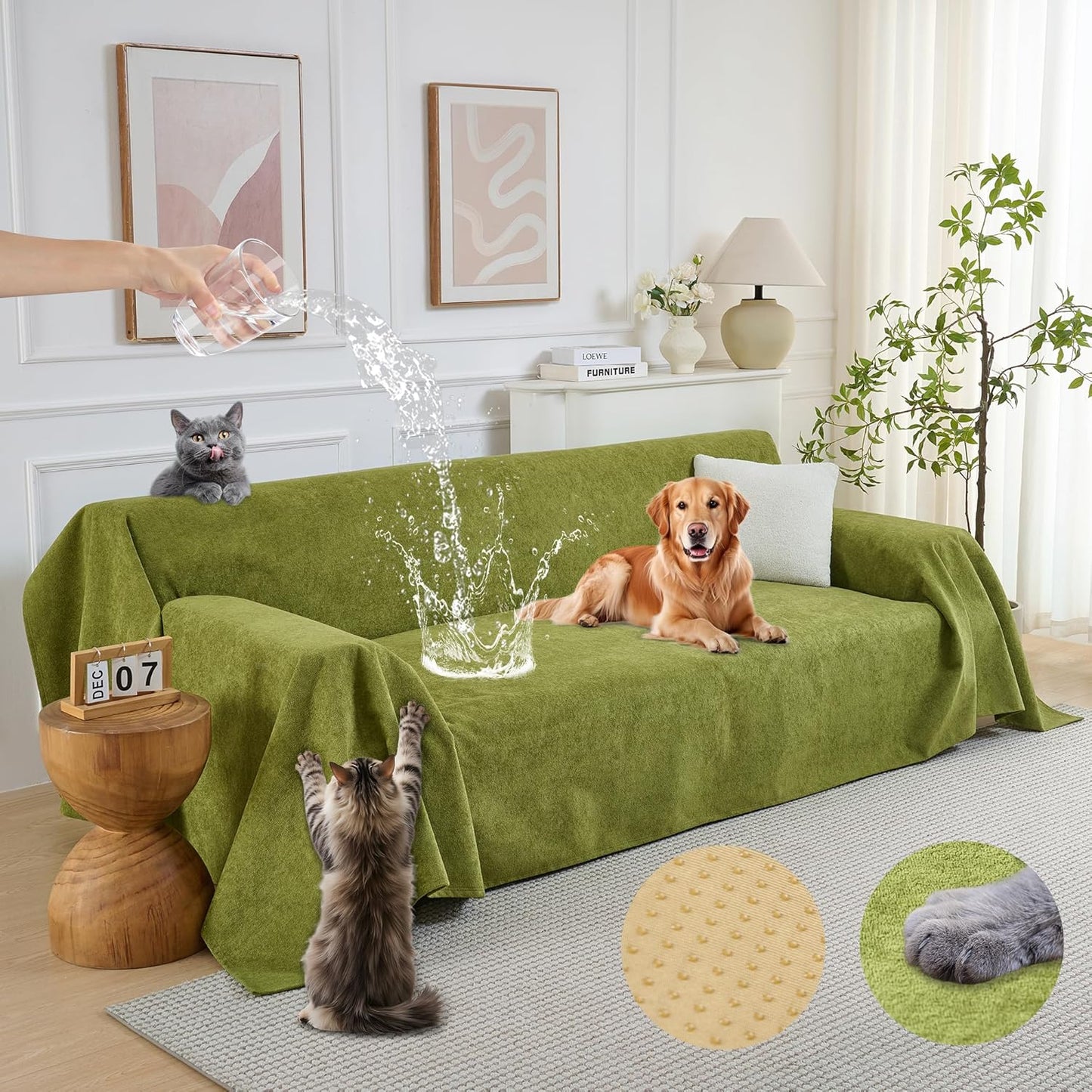 PuTian 100% Waterproof Couch Cover for Dogs - Anti-Scratch Washable Non Slip 2 Cushion Cover Blanket for L Shaped Sectional Recliner Sofa Slipcover for Pet Cats Kids, 71X134 in Boho Green-Waterproof