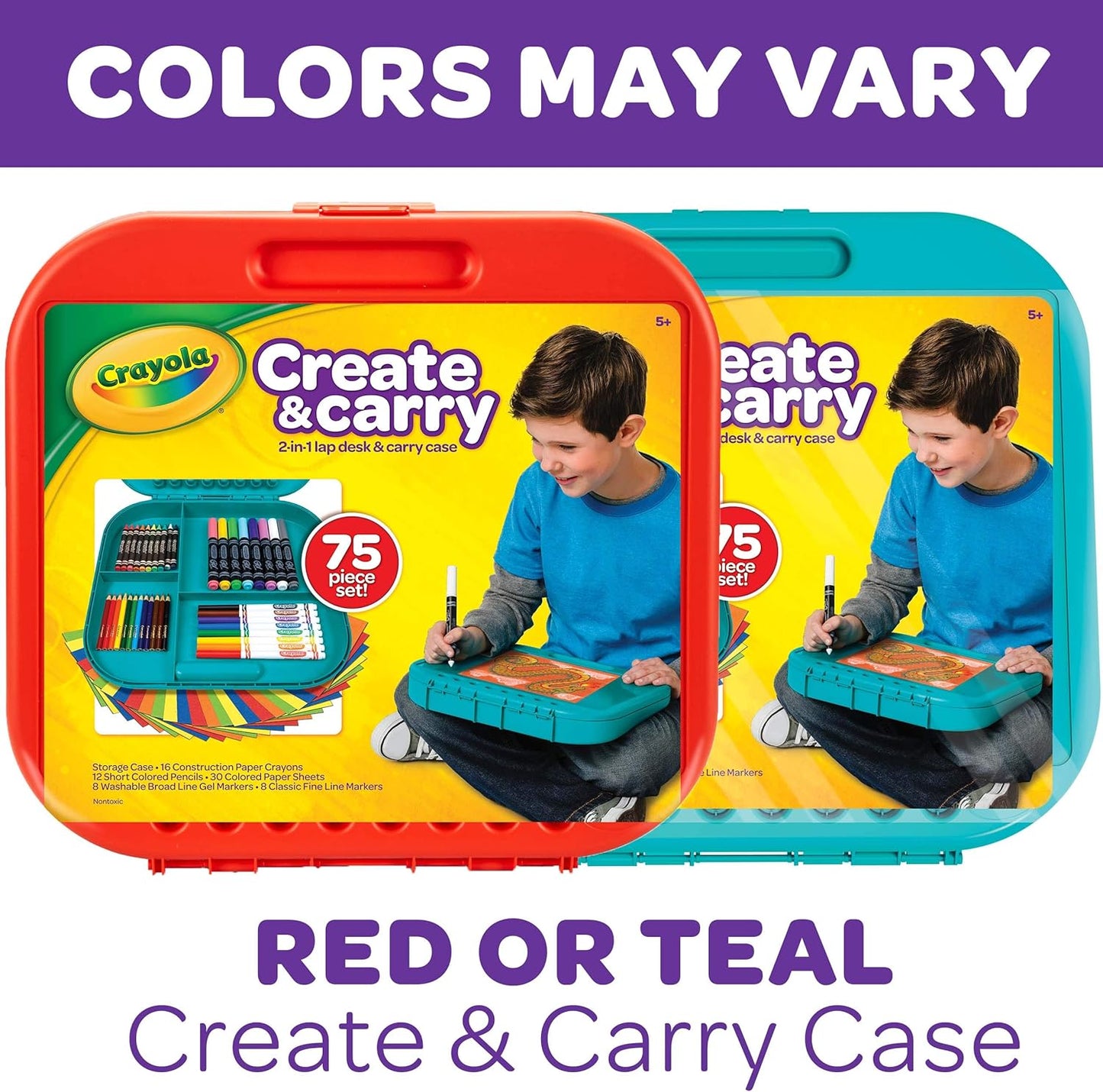 Crayola Create 'N Carry Travel Art Set for Kids (75pcs), 2-in-1 Lap Desk & Carrying Case, Essential Easter Basket Stuffers, Art Supplies Kit, Spring Crafting, Gift for Kids