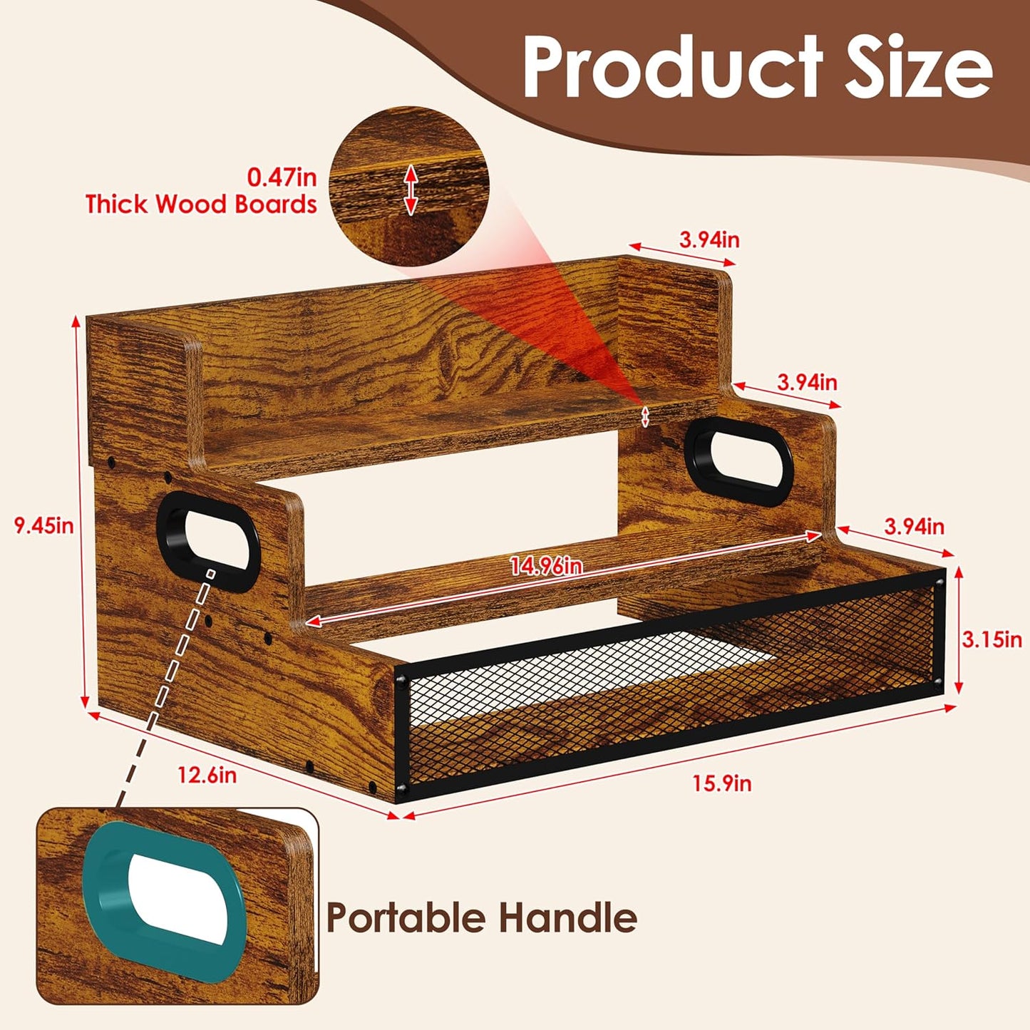 3-Tier Liquor Bottle Display Shelf, Countertop Liquor Wine Rack with Handle, Bar Bottle Display Shelves, Coffee Syrup Rack Organizer, Brown Liquor Display, Home Retro Bar Shelf Stand (Patent Pending)