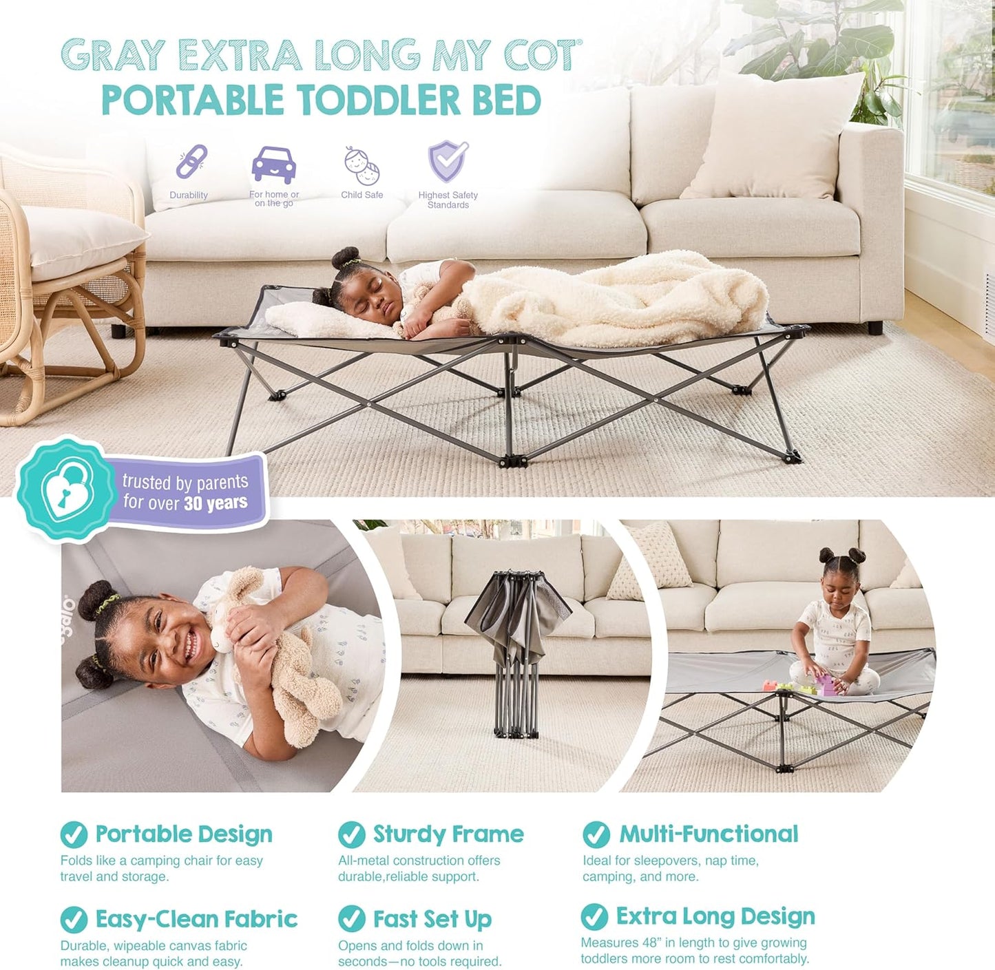 Regalo Extra Long My Cot Portable Toddler Bed - Gray 54x28x12 Inch