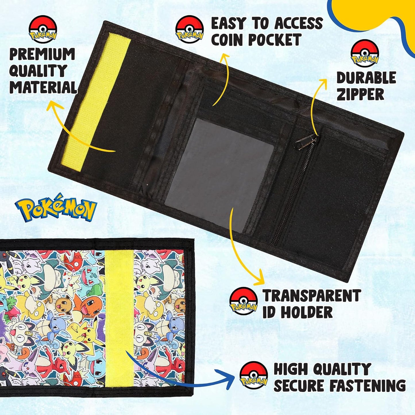 Pokemon Wallet for Boys and Girls, Kids Trifold Purse Canvas Velcro Wallets with Zip, Pound Coin and Card Holder - Featuring Charizard & Pikachu, Great Pokemon Gifts
