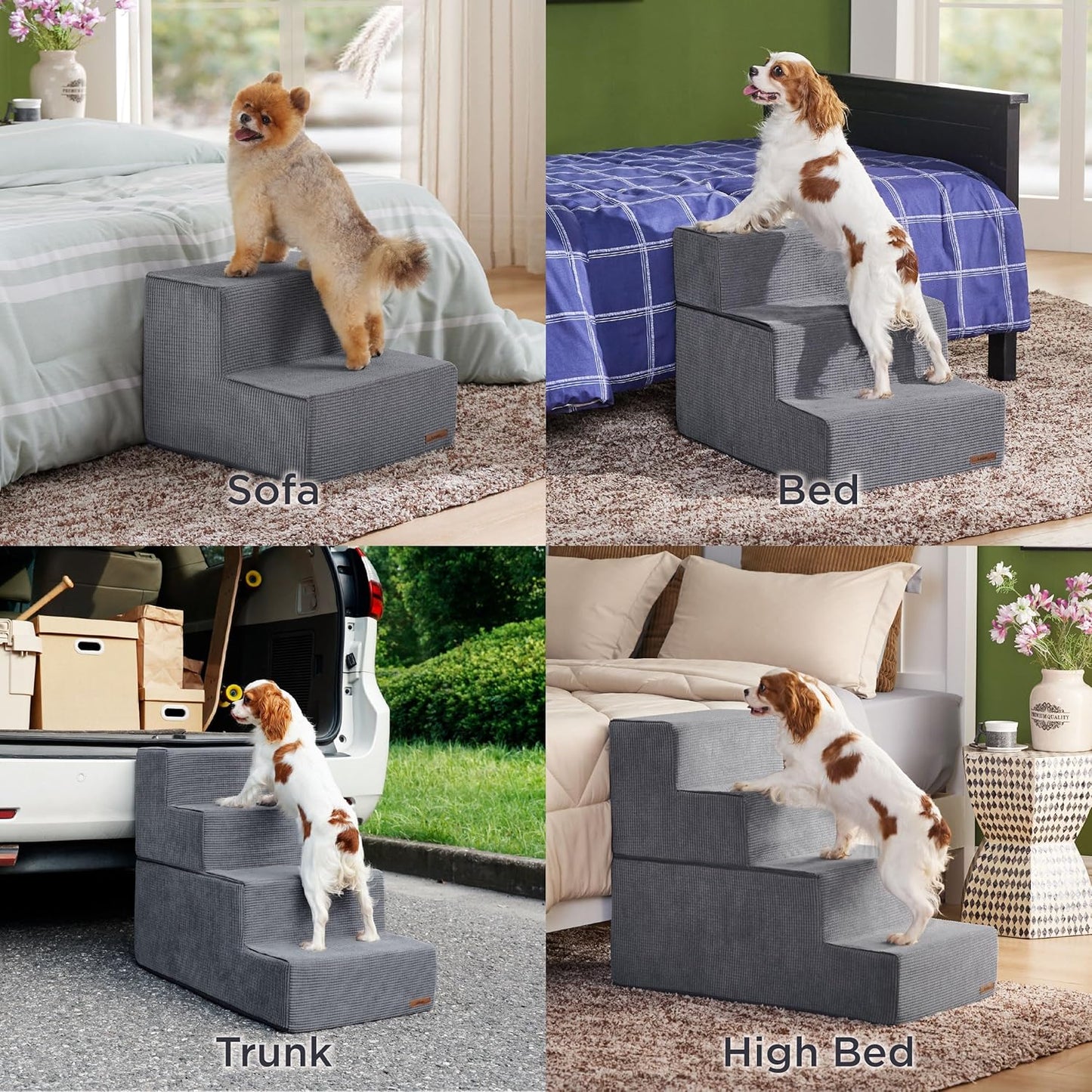 LE SURE Dog Stairs for High Beds Extra Wide Foldable Pet Steps 4-Steps for Small Dogs and Old Cats with CertiPUR-US Certified Foam and Non-Slip Bottom, Grey
