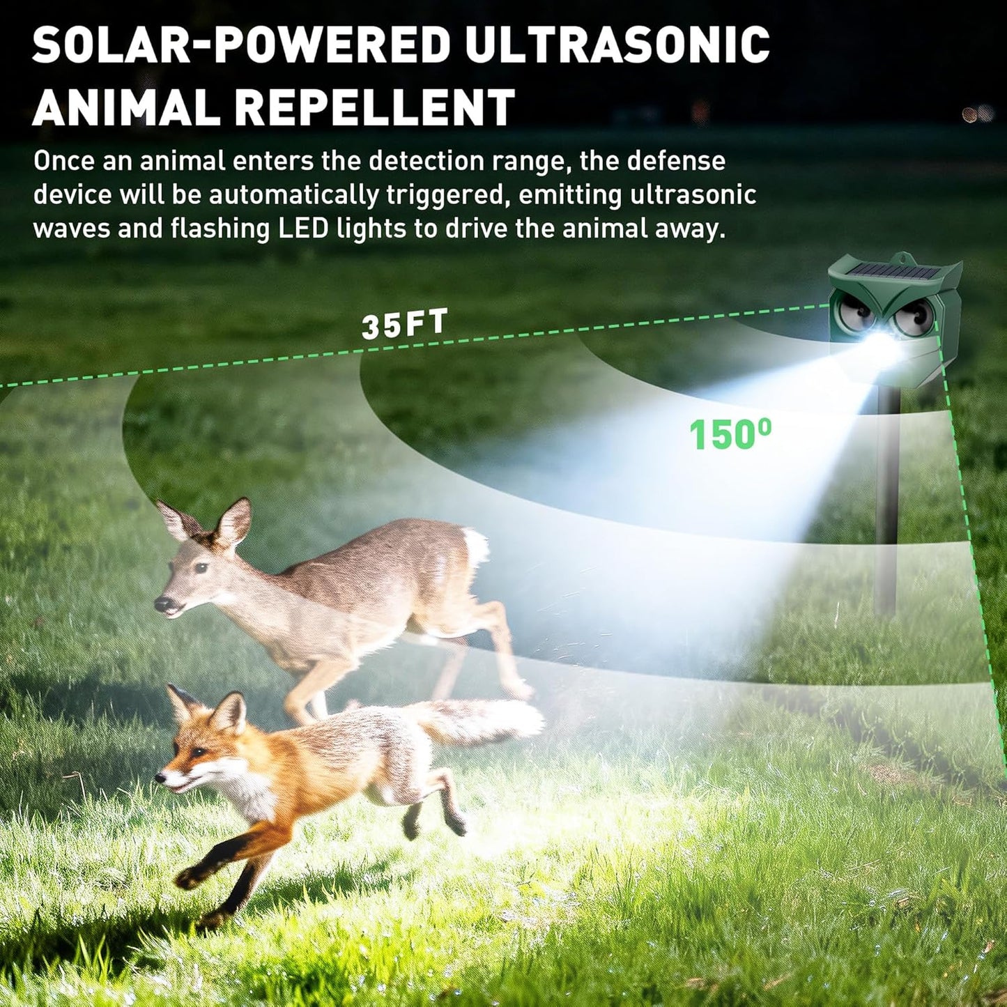 Ultrasonic Animal Repeller with LED Strobe Lights - Outdoor Solar Powered for Squirrels, Deer, Raccoons, Rabbits, Skunks, Cats, Dogs - Protects Garden, Yard, Lawn, Farm & Crops