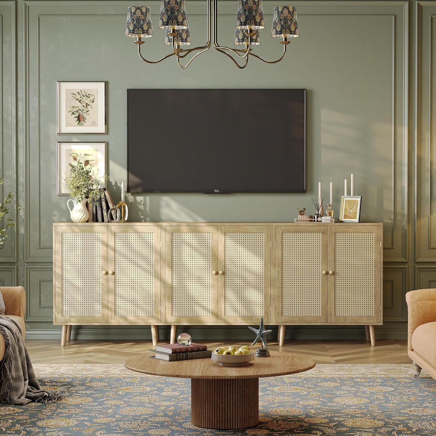 Huuger Buffet Cabinet with Storage, Storage Cabinet with PE Rattan Decor Doors, Accent Sideboard Buffet with Solid Wood Feet, for Hallway, Entry, Living Room, Natural