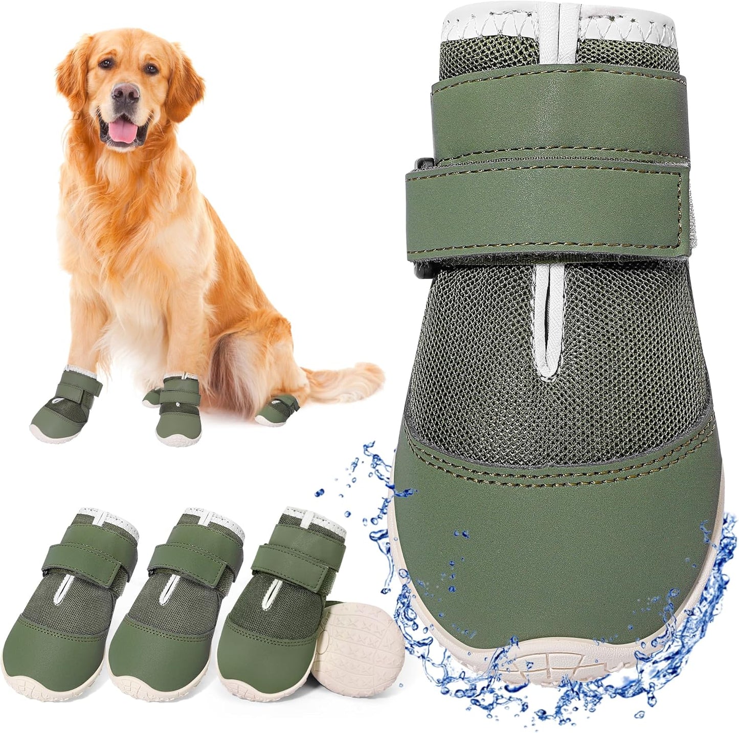 DcOaGt Dog Shoes Mesh Breathable Dog Booties for Hot Pavement Summer with Anti-Slip Sole,Dog Boots Paw Protectors for Small Medium Puppy for Winter Snow Rain Hiking,Military Green 4PCS(Size 4)