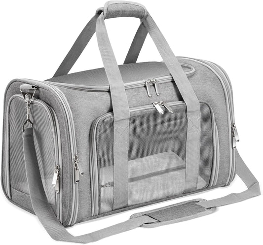 Soft-Sided Cat/Dog/Pet Carrier, Collapsible Pets Travel Carriers for Big Cats/Small Dogs with Shoulder Strap & Removable Mat, Mesh Puppy Carry Bag, Up to 16 Lbs, TSA Airline Approved(Gray)
