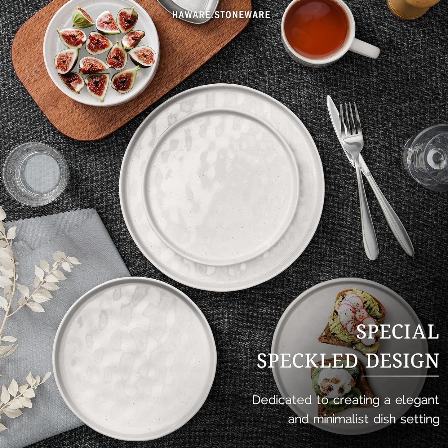 HaWare Dinnerware Sets, 12-Piece Plates and Bowls Set, Stoneware Dish Set for 4, Ceramic Dinnerware for Home Restaurant, Chip and Scratch Resistant, Microwave and Dishwasher Safe, Speckled White