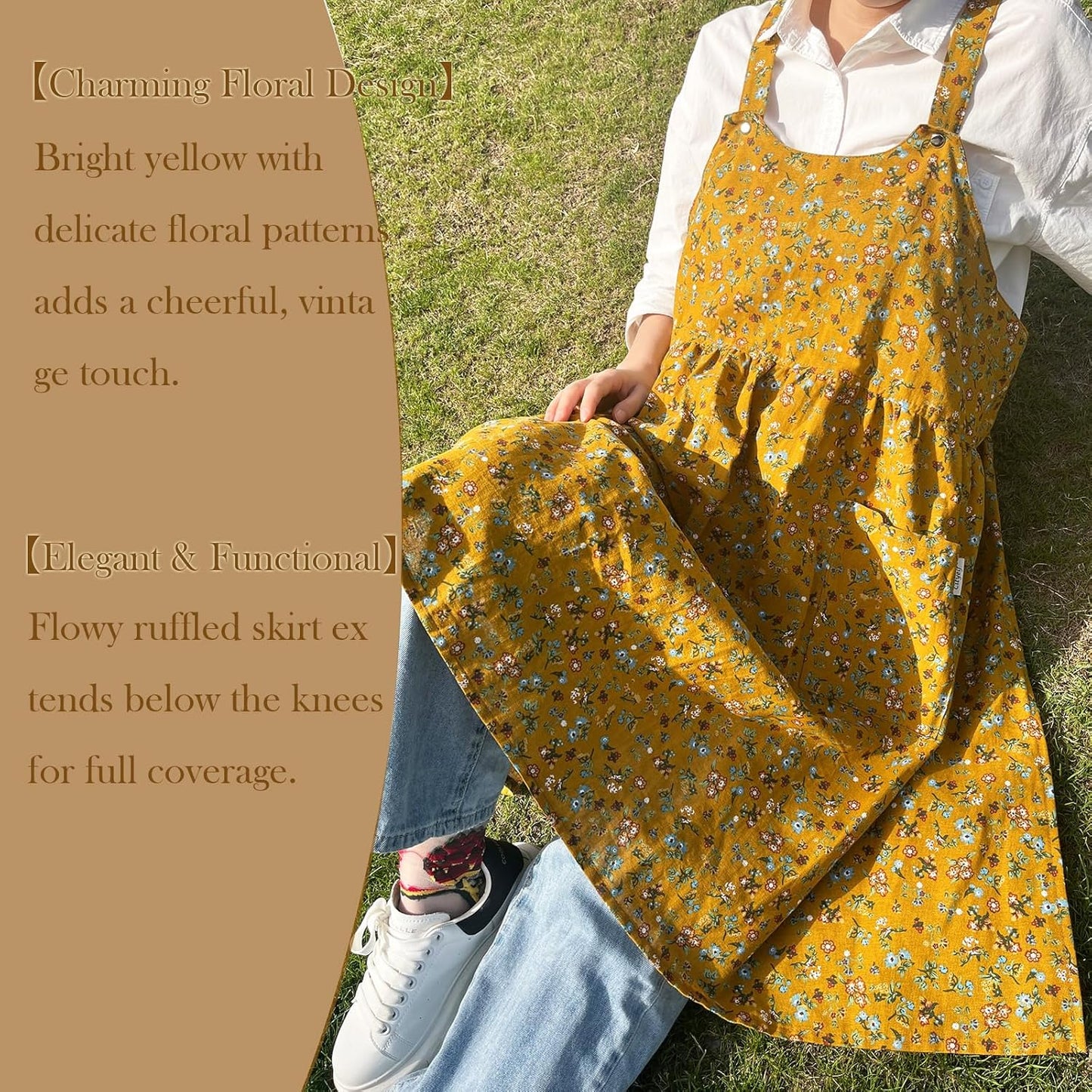 Cityelf Vintage Pinafore Apron Dress Snap Adjust Linen Cotton with Pockets Floral Aprons for Cooking Gardening