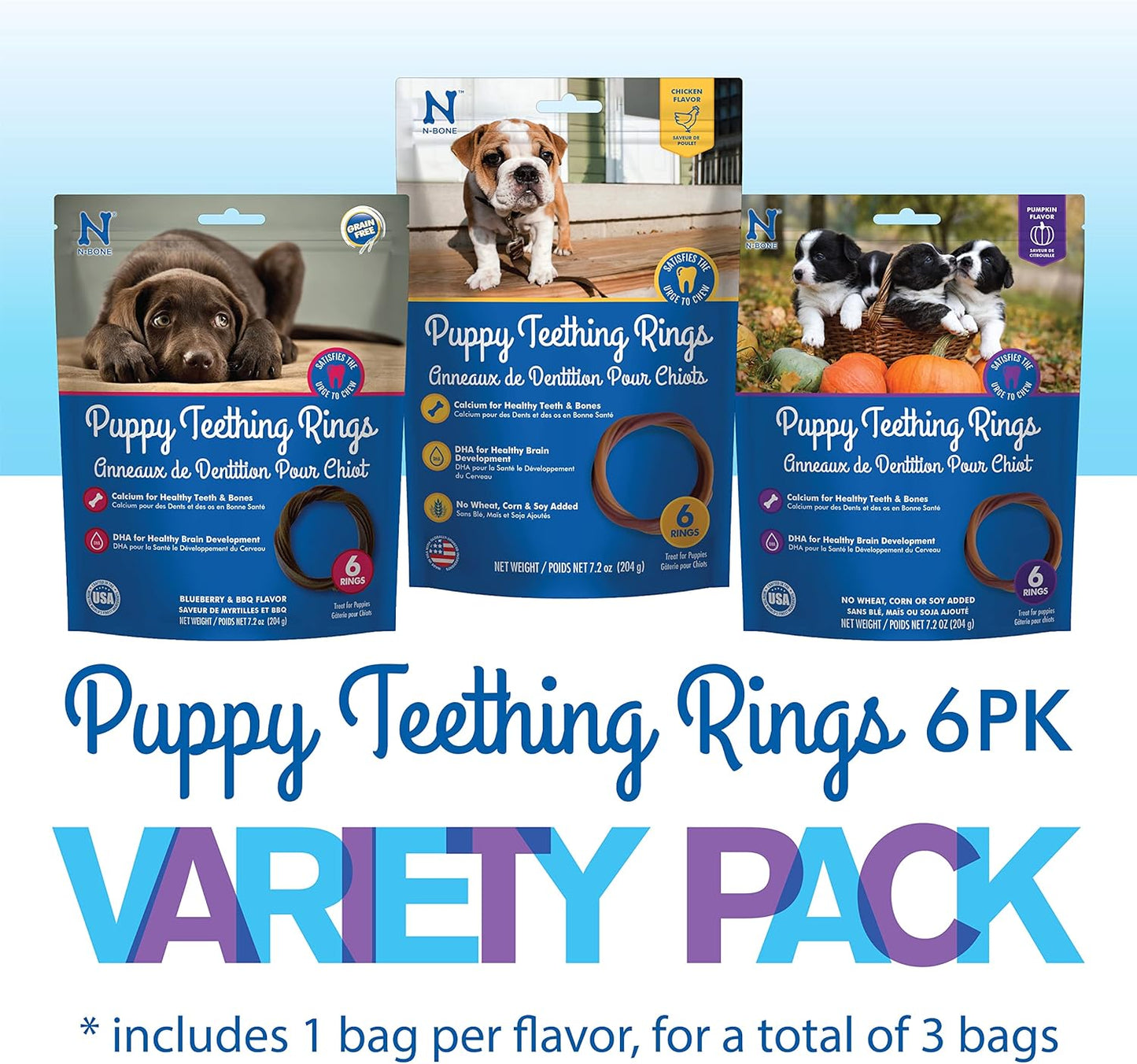 N-Bone Puppy Teething Rings 6 Count Bag Variety Pack, Chicken & Pumpkin & Blueberry BBQ Flavor, Total 3 Bags, 21.6-oz, 18 Rings