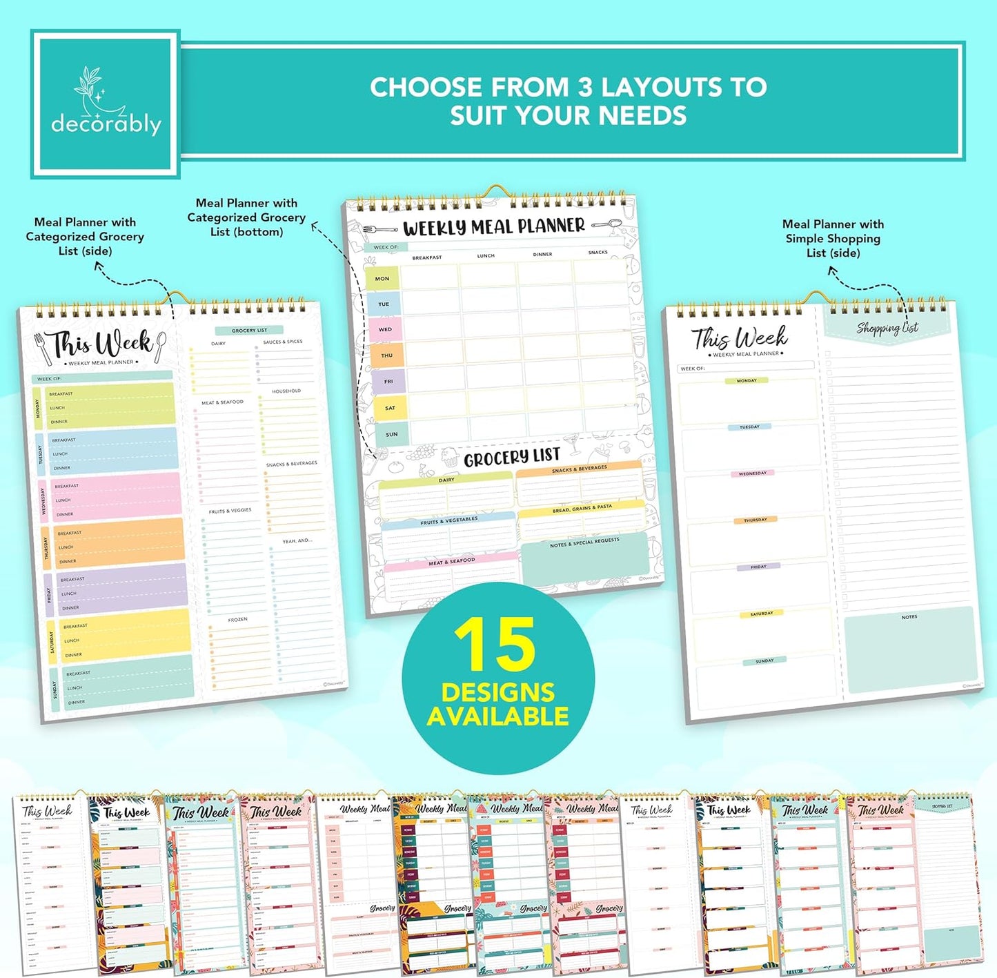 Decorably 52 Sheets Pastel Undated Magnetic Weekly Meal Planner and Grocery List Notepad with 4 Strong Magnets - 8.5x11in Spring-Bound, Refrigerator Mountable, Easy Tear-Off Design