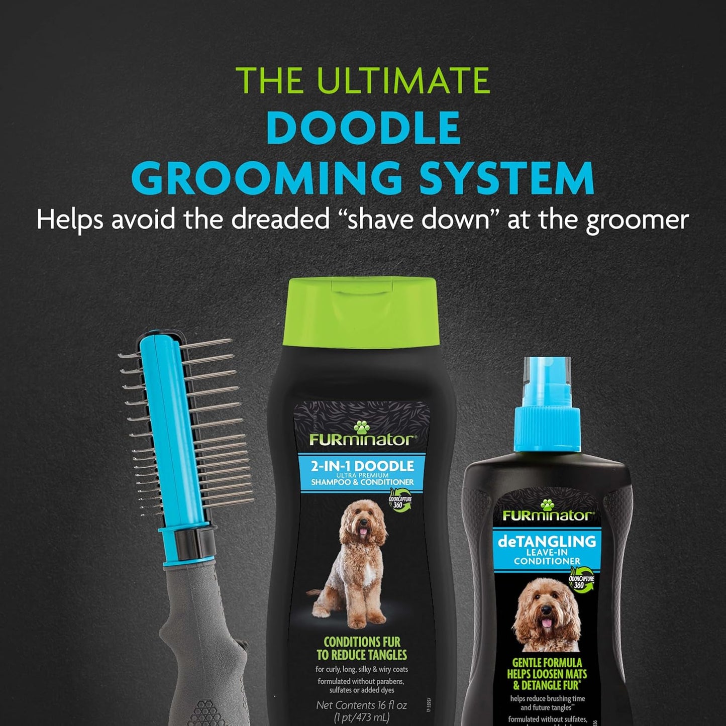 FURminator 2-in-1 Doodle Grooming Tool for Dogs, 1 Count, Dematting Tool with Comb for Mats, Tangles & Maintenance on Curly, Long, Silky & Wiry Coats