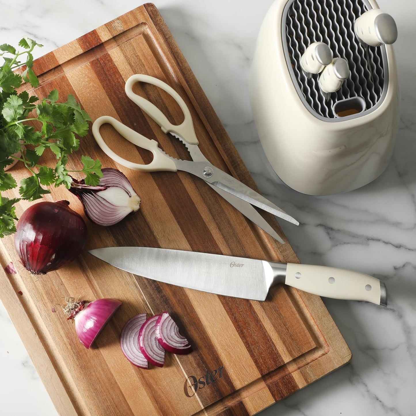 Oster Deaton Knife Block Set with Stainless Steel Knives & Kitchen Shears, 6-Piece Kitchen Cutlery Set with White Handles and Countertop Storage Block