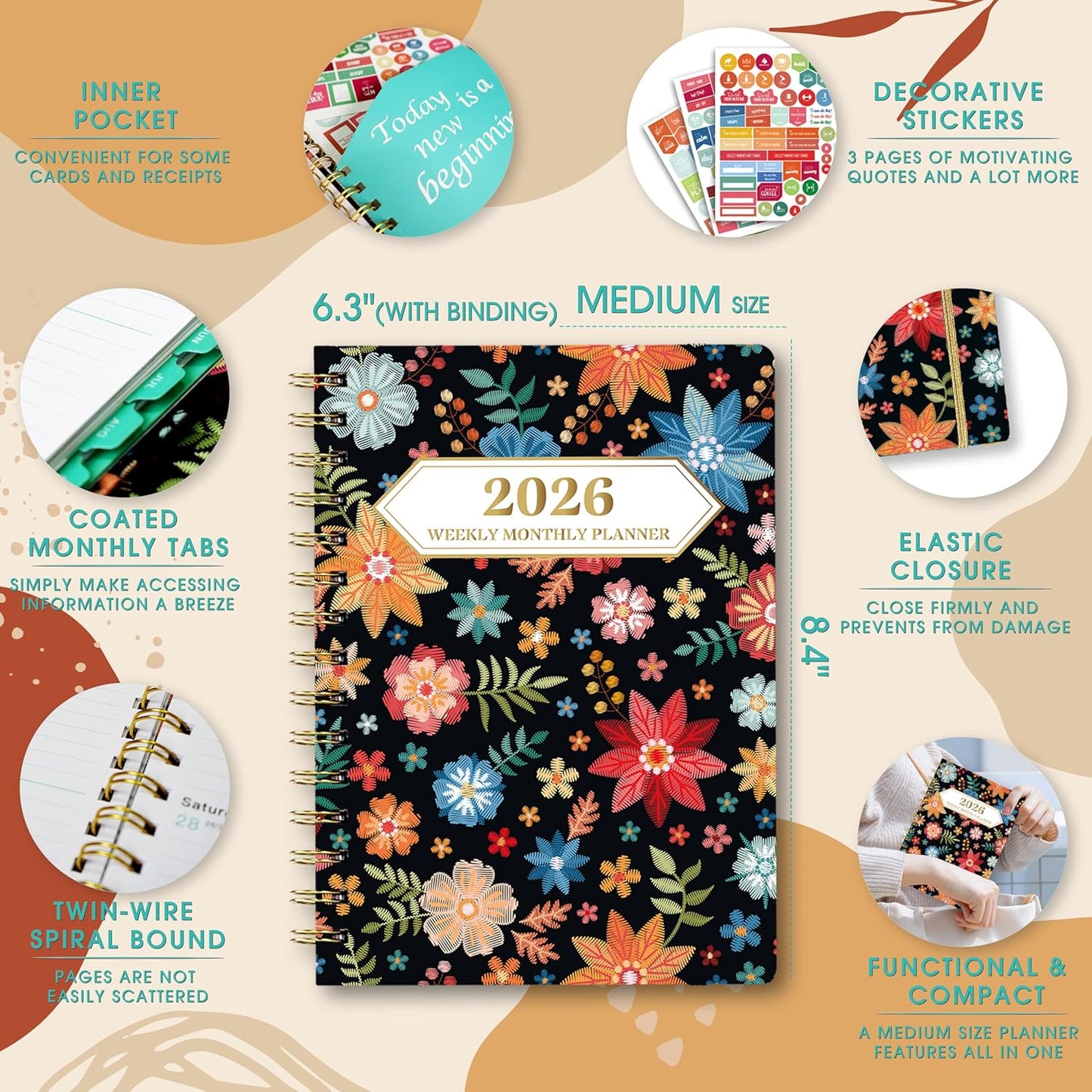 Ymumuda 2026 Planner, Daily Weekly and Monthly Planner，Jan 2026 - Dec 2026, 8.4" x 6.3", 2026 Calendar Planner Book with Tabs, Spiral Notebook with Inner Pocket for Office Home School Supplies