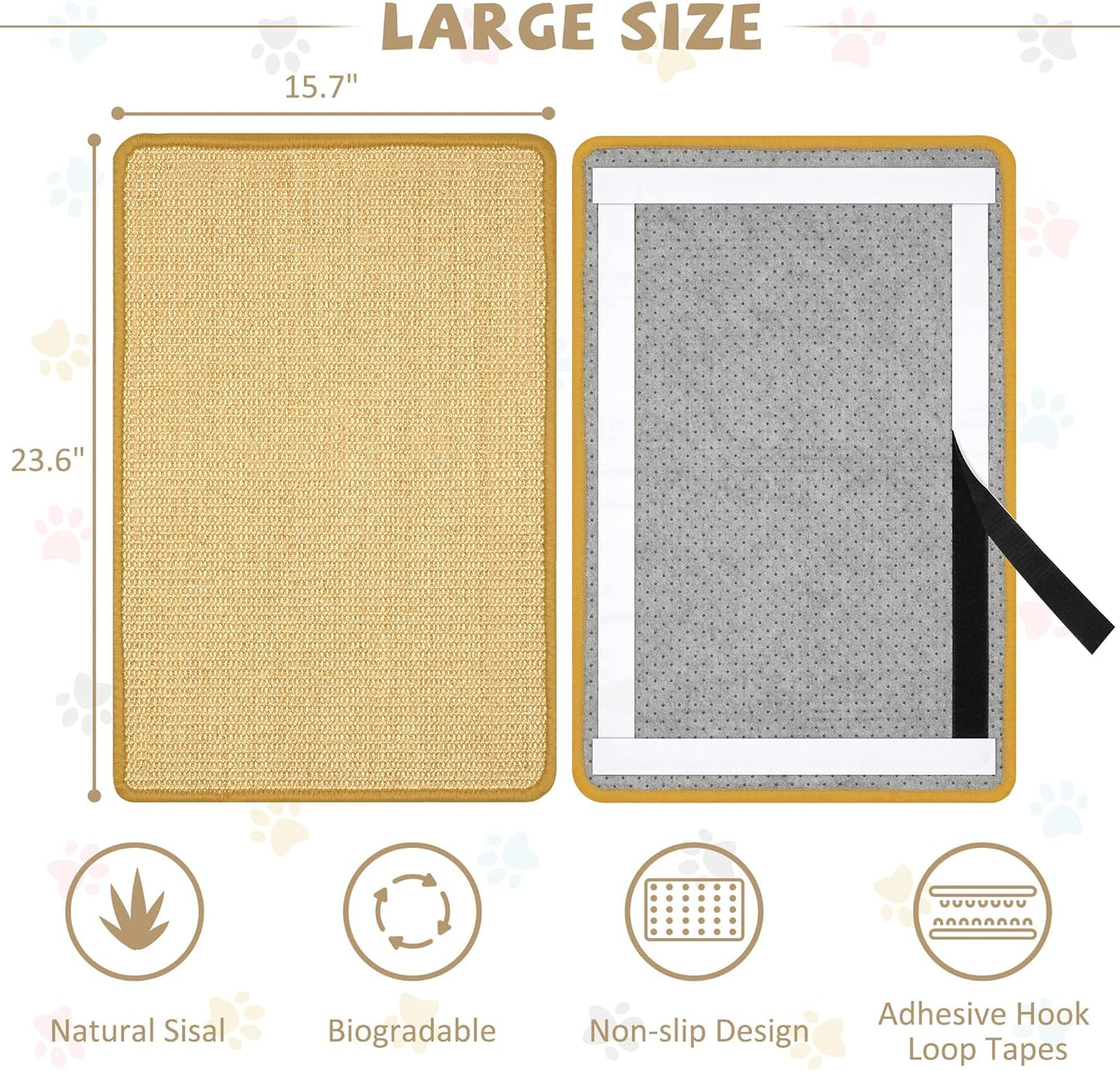 Carpet Cat Scratching Mat Sisal, 2 Packs Sisal Fabric Large 23.6" x 15.7" Scratching Pad for Indoor Cats with Adhesive Hook Loop Tape, Cat Scratching Rug Wall Scratchers for Indoor