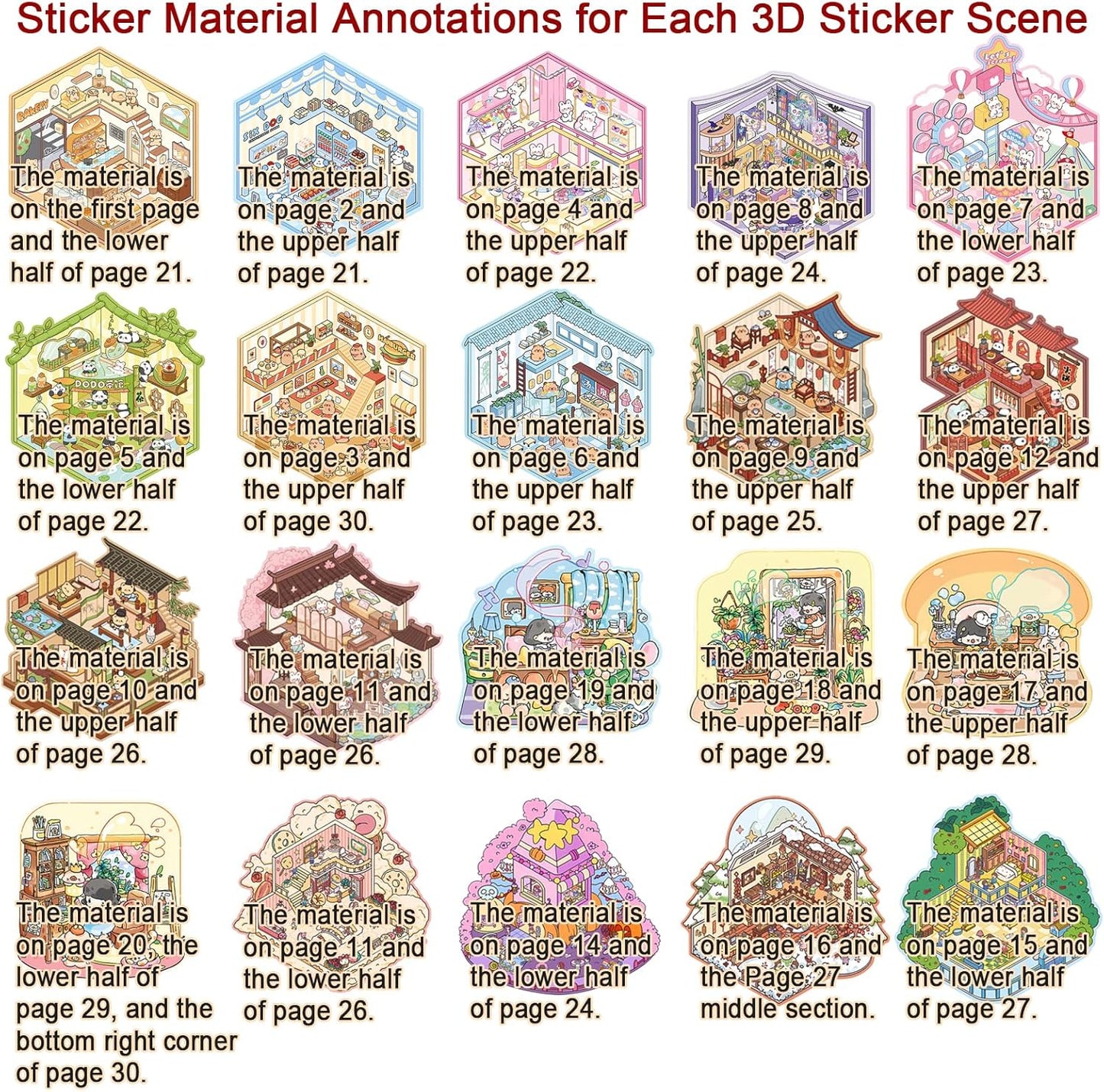 20 Sets DIY 3D Sticker Scene Collection Book for Kids Adults Cute Make Your Own Shop House Stickers for Gifts Stickers Therapy for Adult Relief Stress Pass The Time Play Park Hamburg Castle Library