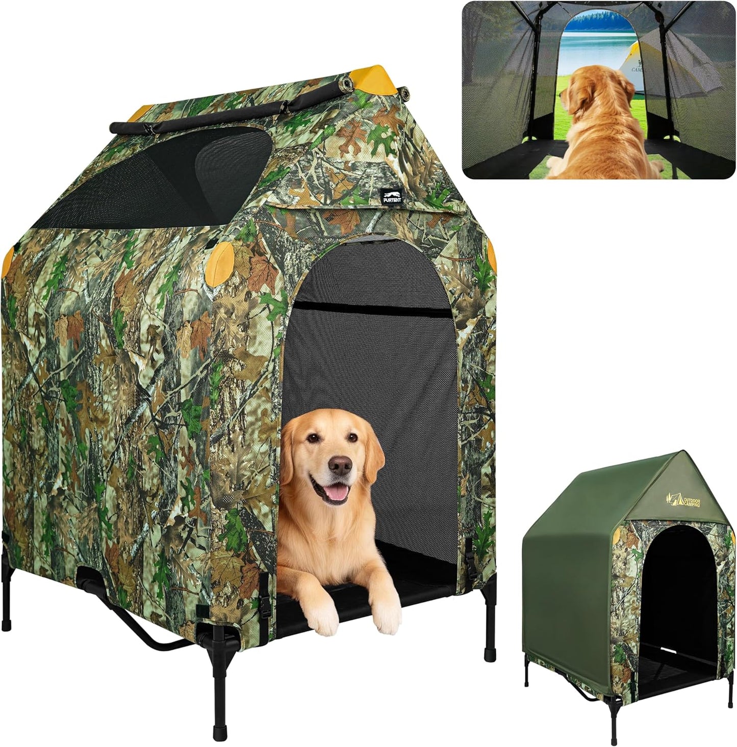 42" Camouflage Canvas Outdoor Dog House Weatherproof,360° Visibility and Breathable Design,2-in-1 Dog Shade Shelter for Large Breeds with Removable Waterproof Cover,Elevated Dog Bed with Canopy (M)