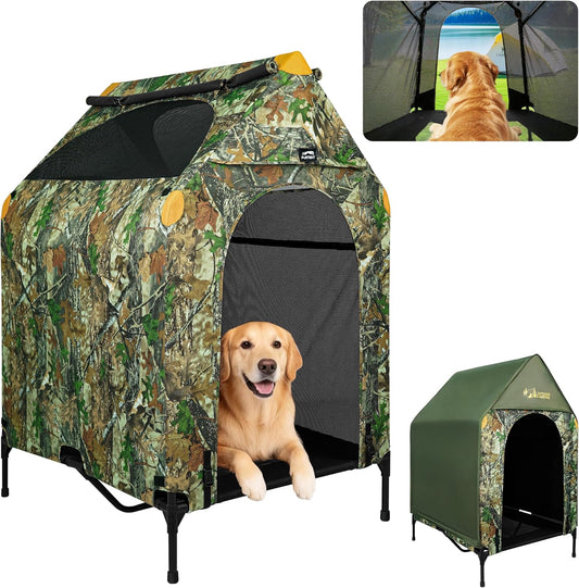 42" Camouflage Canvas Outdoor Dog House Weatherproof,360° Visibility and Breathable Design,2-in-1 Dog Shade Shelter for Large Breeds with Removable Waterproof Cover,Elevated Dog Bed with Canopy (M)