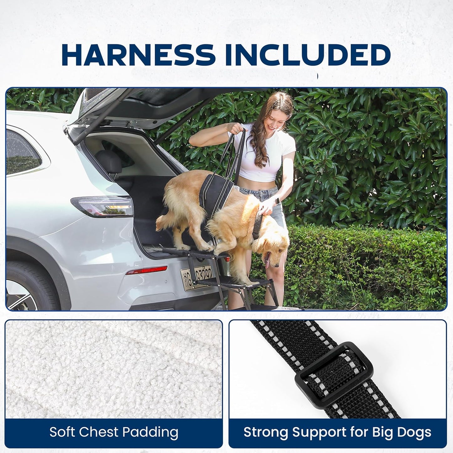 Dog Stairs for Large Dogs for Car | 5 Step Foldable Dog Stairs | 200lb Capacity | Non-Slip Rug Steps | XL Lift Harness Included | Pet Stairs for Large Dogs | Dog Steps for Truck & SUV | VERALUX