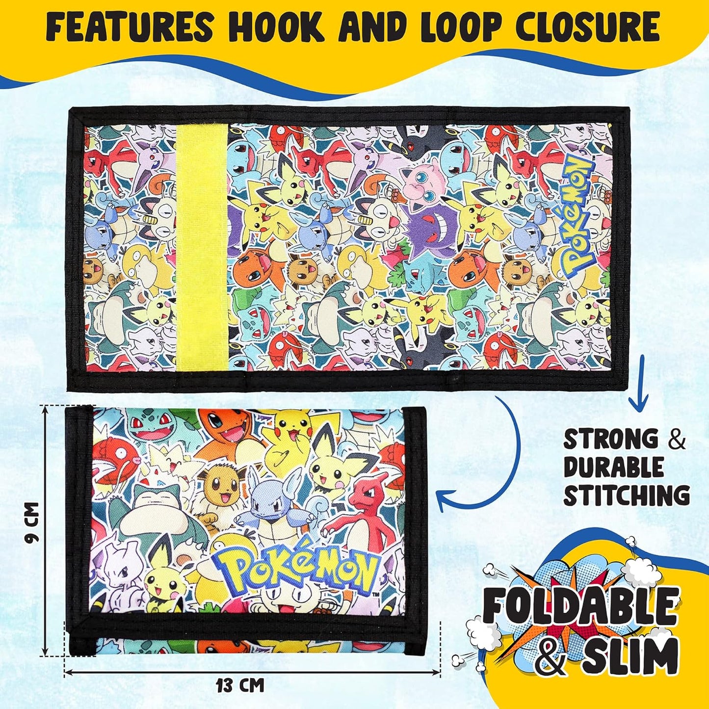 Pokemon Wallet for Boys and Girls, Kids Trifold Purse Canvas Velcro Wallets with Zip, Pound Coin and Card Holder - Featuring Charizard & Pikachu, Great Pokemon Gifts