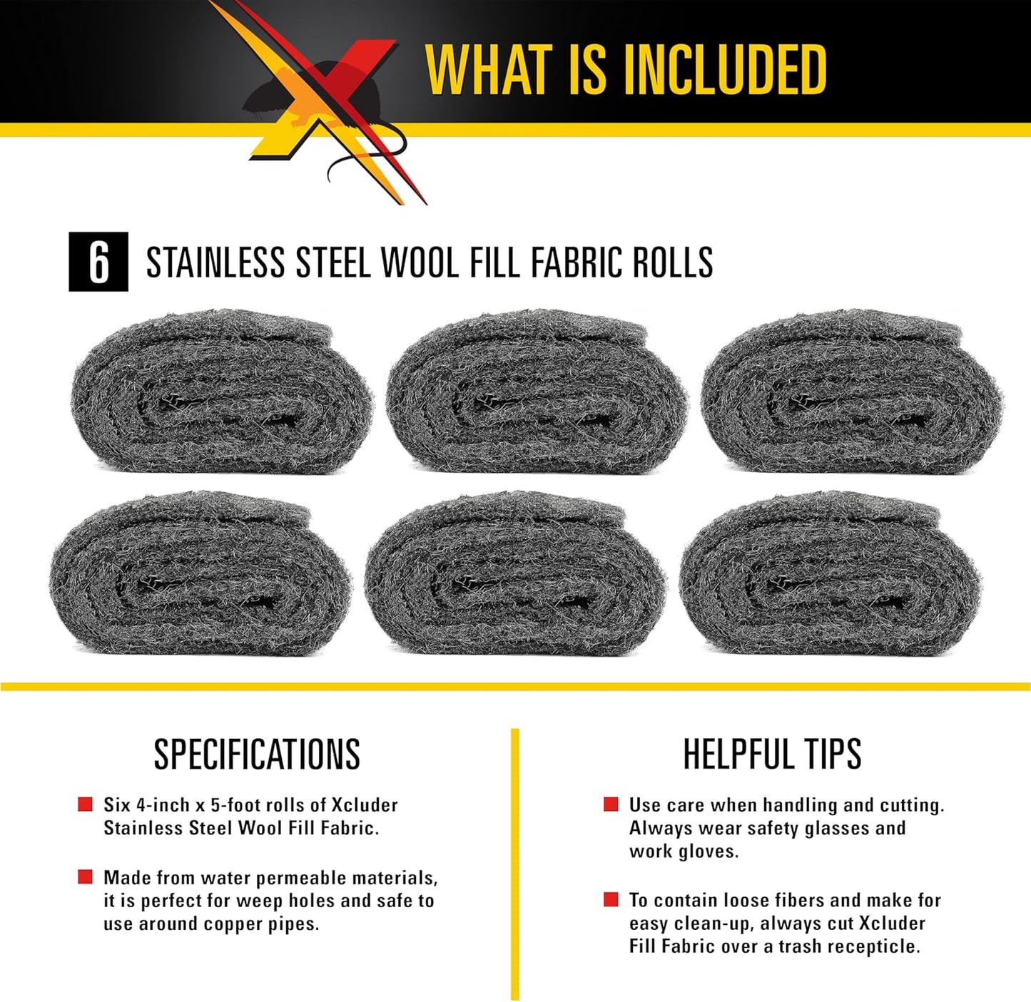 Xcluder Rodent Control Fill Fabric 6 Rolls of Stainless Steel Wool Blend Protect Home, Business, Office Stop Rats, Mice, and Pests from Entering Property