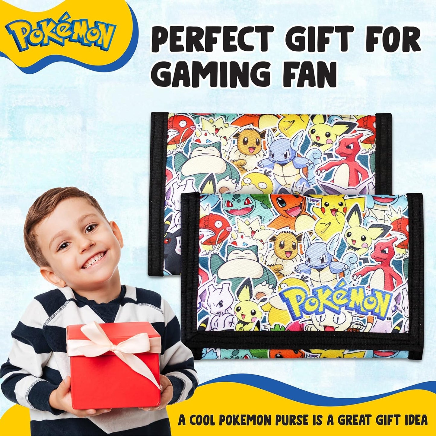 Pokemon Wallet for Boys and Girls, Kids Trifold Purse Canvas Velcro Wallets with Zip, Pound Coin and Card Holder - Featuring Charizard & Pikachu, Great Pokemon Gifts