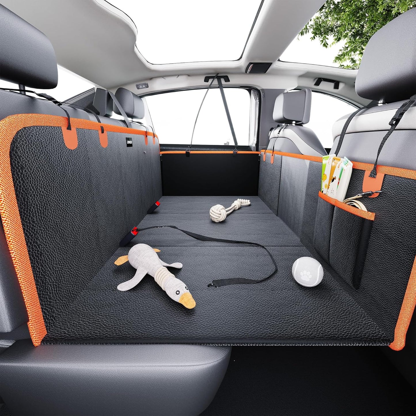 Back Seat Extender for Dogs, PU Leather Hard Bottom Dog Car Seat Cover for Back Seat,Dog Hammock for Car, PU Leather Material, Larger Space, Holds 400lbs