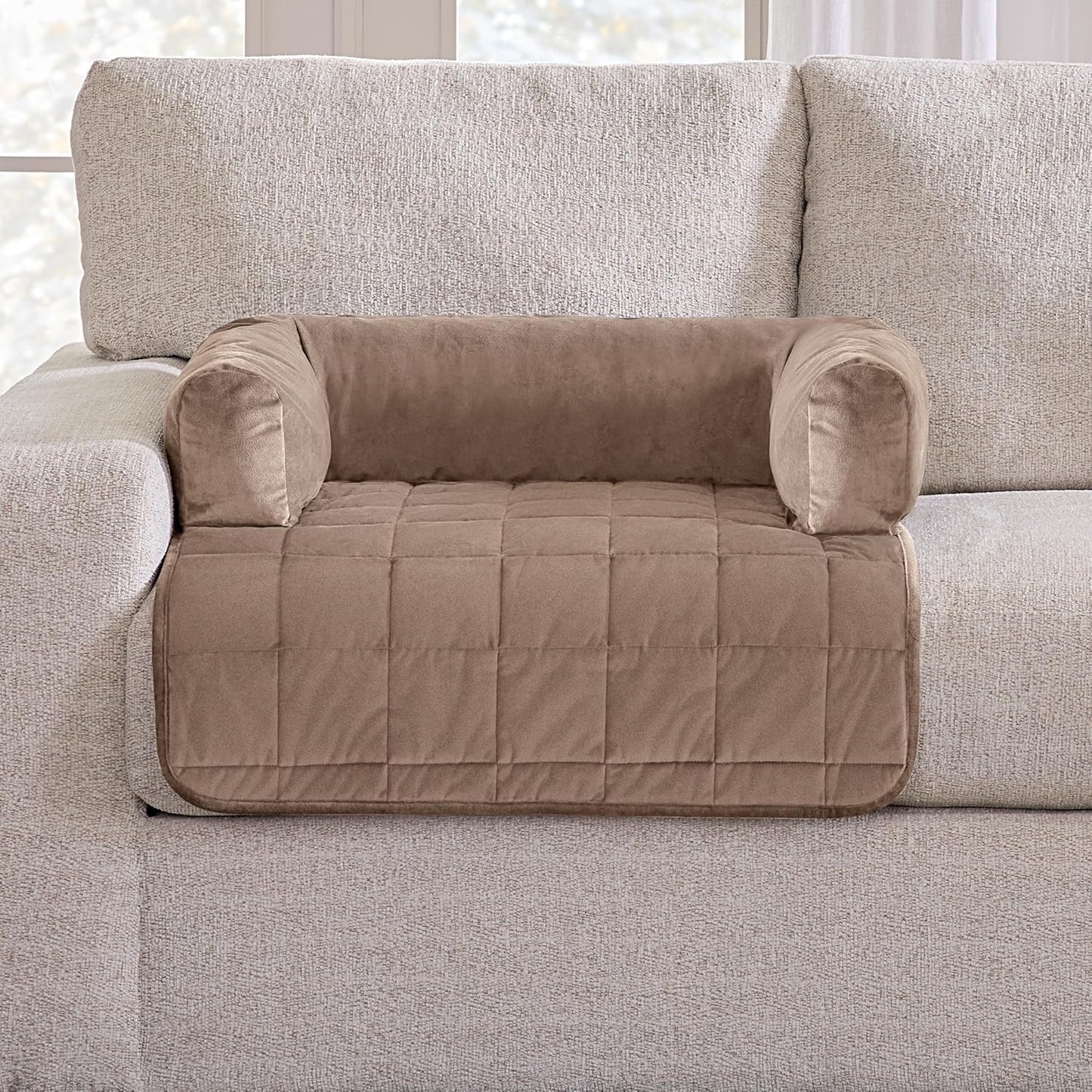 SureFit Pet Otis Quilted 3-Sided Bolster Pet Bed, Waterproof Couch Protector for Dogs & Cats, Plush Fabric & Odor Control, Machine Washable Non-Slip Pet Couch Protector, Large, 46 in x 32 in, Sable