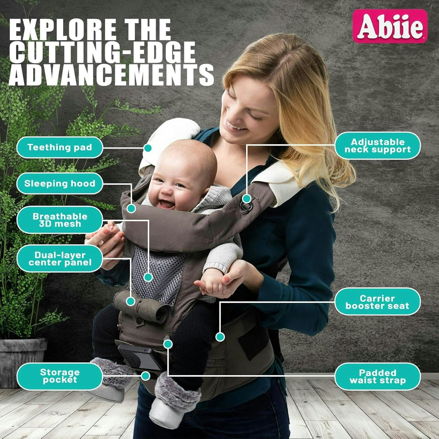 Abiie HUGGS Baby Carrier 3-Months to Toddler with Hip Carrier - Convertible 4-in-1: Front Facing, Inward Facing, Hip Seat, Back Carry - Ergonomic Lumbar Support, Neck Support, Safety Approved