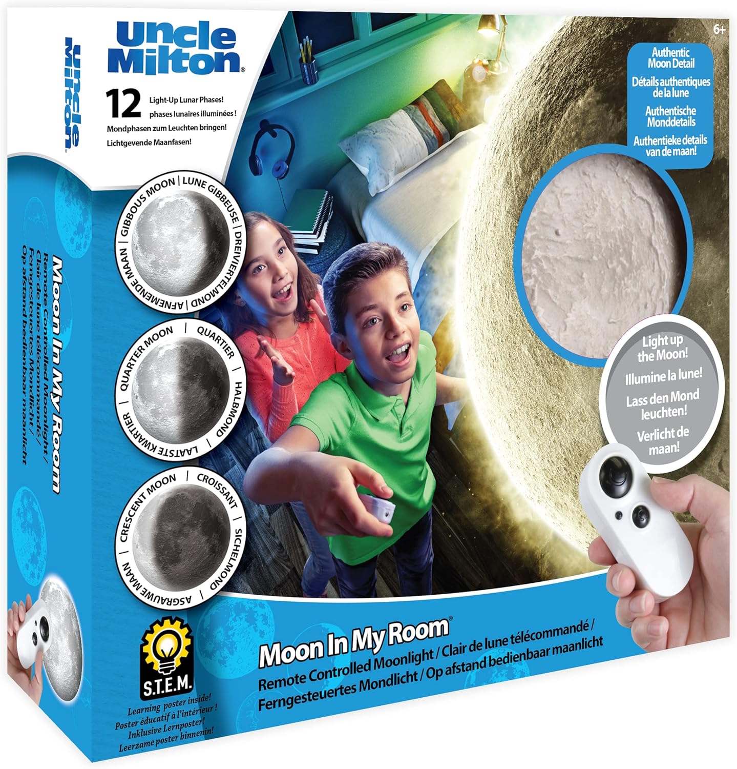 Uncle Milton Moon in My Room - 12 Light-Up Lunar Phases, Remote Control or Automatic, STEM Toy, Great Gift for Boys & Girls Ages 6+