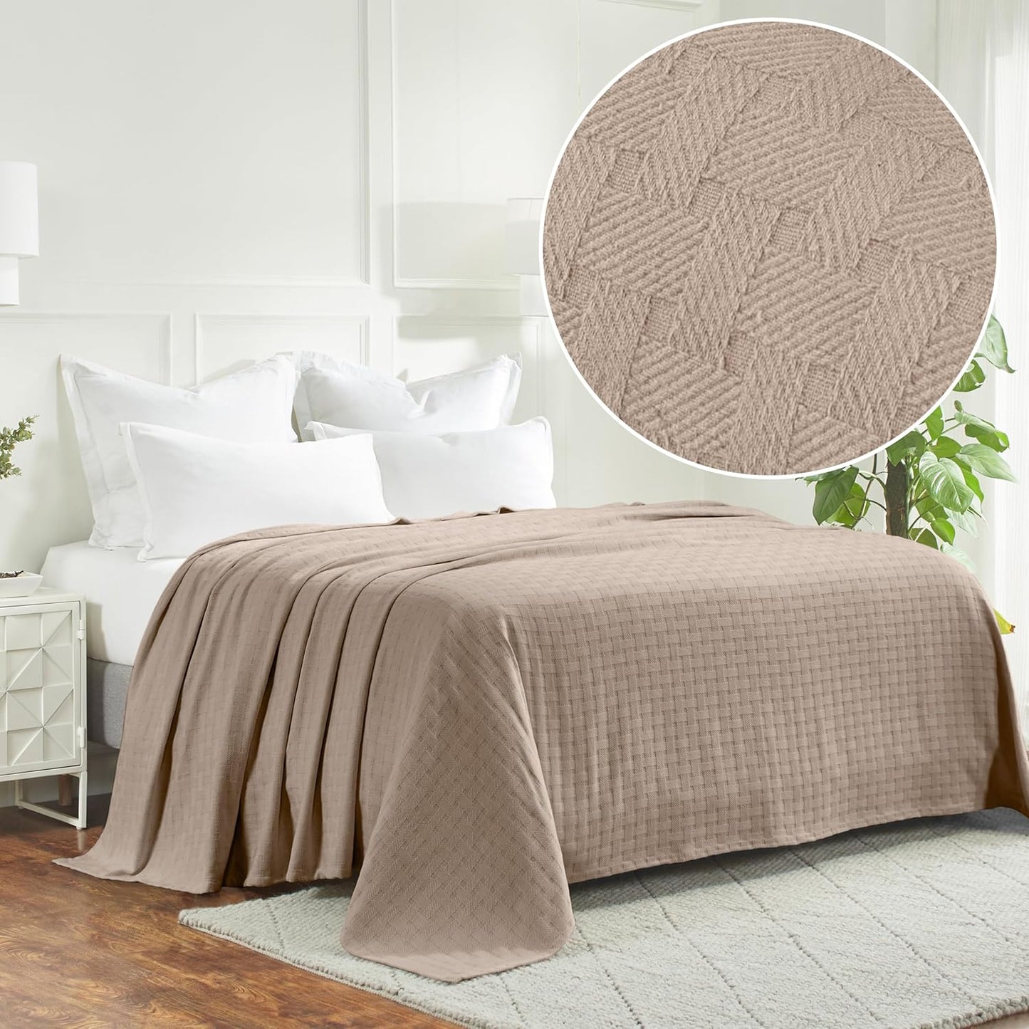 Superior Basketweave Cotton Blanket, Basket Weave Design, Soft, Comfy Cover for Bed, Bedding, Bedroom, Couch Throw, Lounging, Modern Boho Medium Weighted Blankets, Full/Queen, Khaki