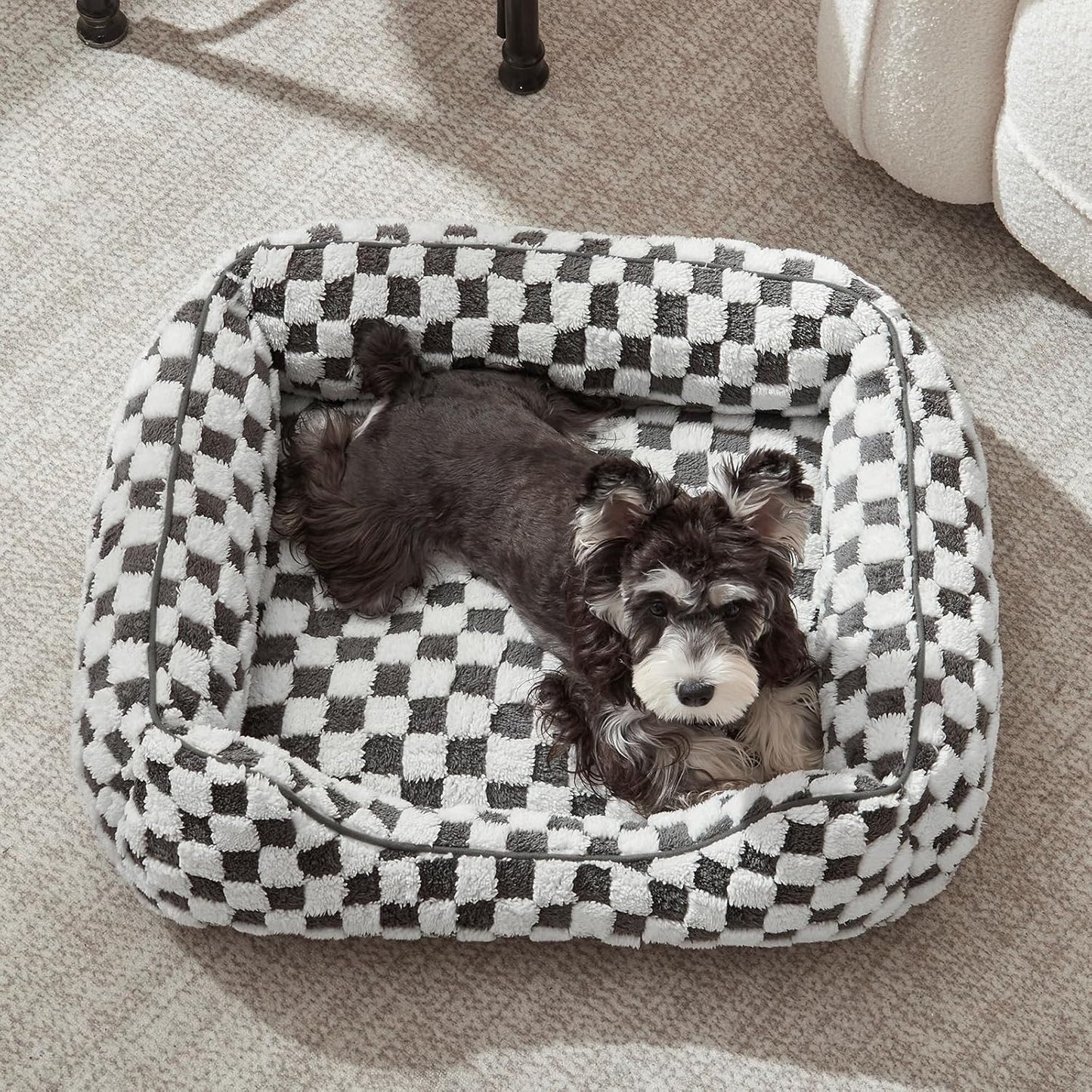 JOEJOY Dog Bed for Medium Small Dogs - Rectangle Orthopedic Dog Sofa Bed, Cute Modern Puppy Bed with Jacquard Shaggy Plush & Anti Slip Bottom, 25x21x8inches, Grey