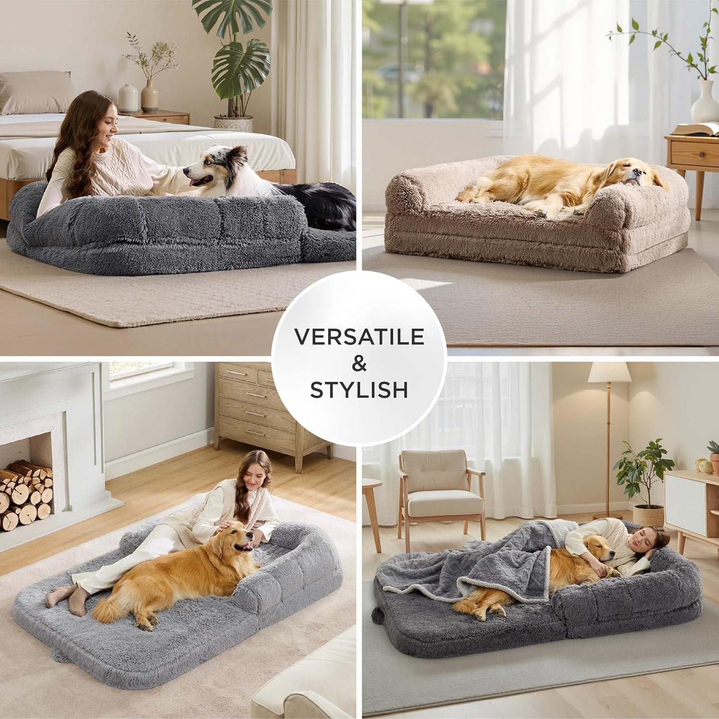 Bedsure Foldable Human Dog Bed - 2 in 1 Flexible Giant Human Dog Bed for Adult People with Supportive Bolster Egg Foam, Waterproof Liner, Calming Fluffy Faux Fur Orthopedic Big Bean Bed, Dark Grey