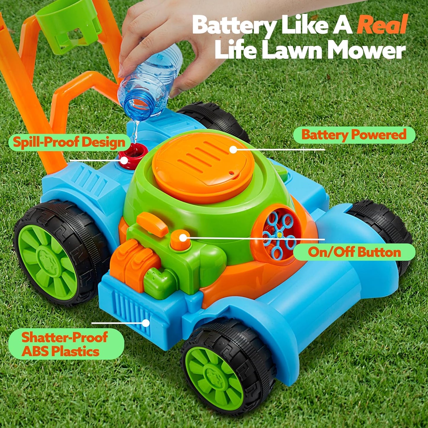 SLOOSH Bubble Lawn Mower Toddler Toys - Spill-Proof Bubble Machine Pretend Gardening Play Toy for Age 1 2 3 1-3 Year Old Baby Boys Indoor Outdoor Use, Easter Basket Stuffers Birthday Gifts (Blue)